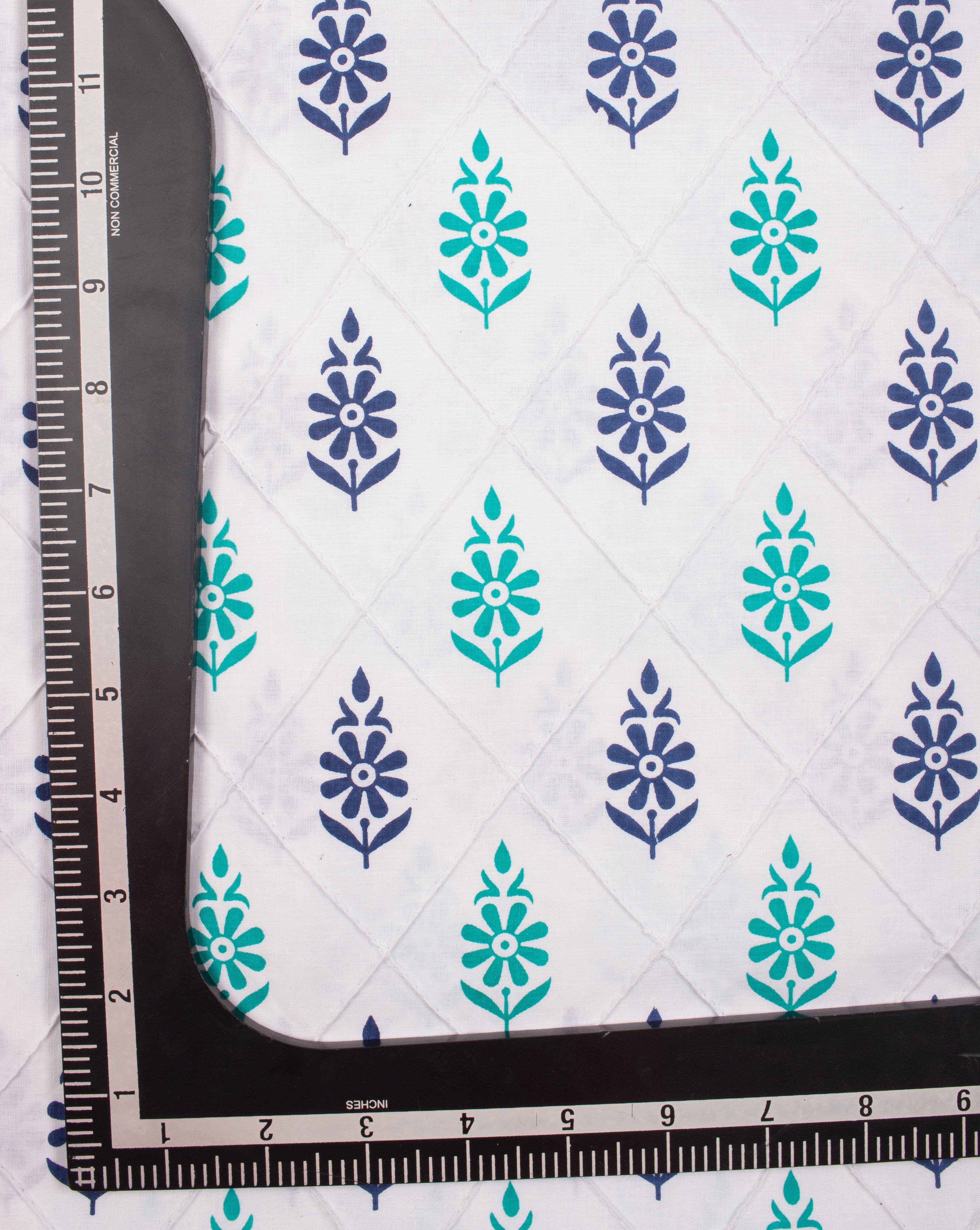 White Blue Booti Pattern Screen Print Pin-Tucks Cotton Fabric - Fabriclore.com