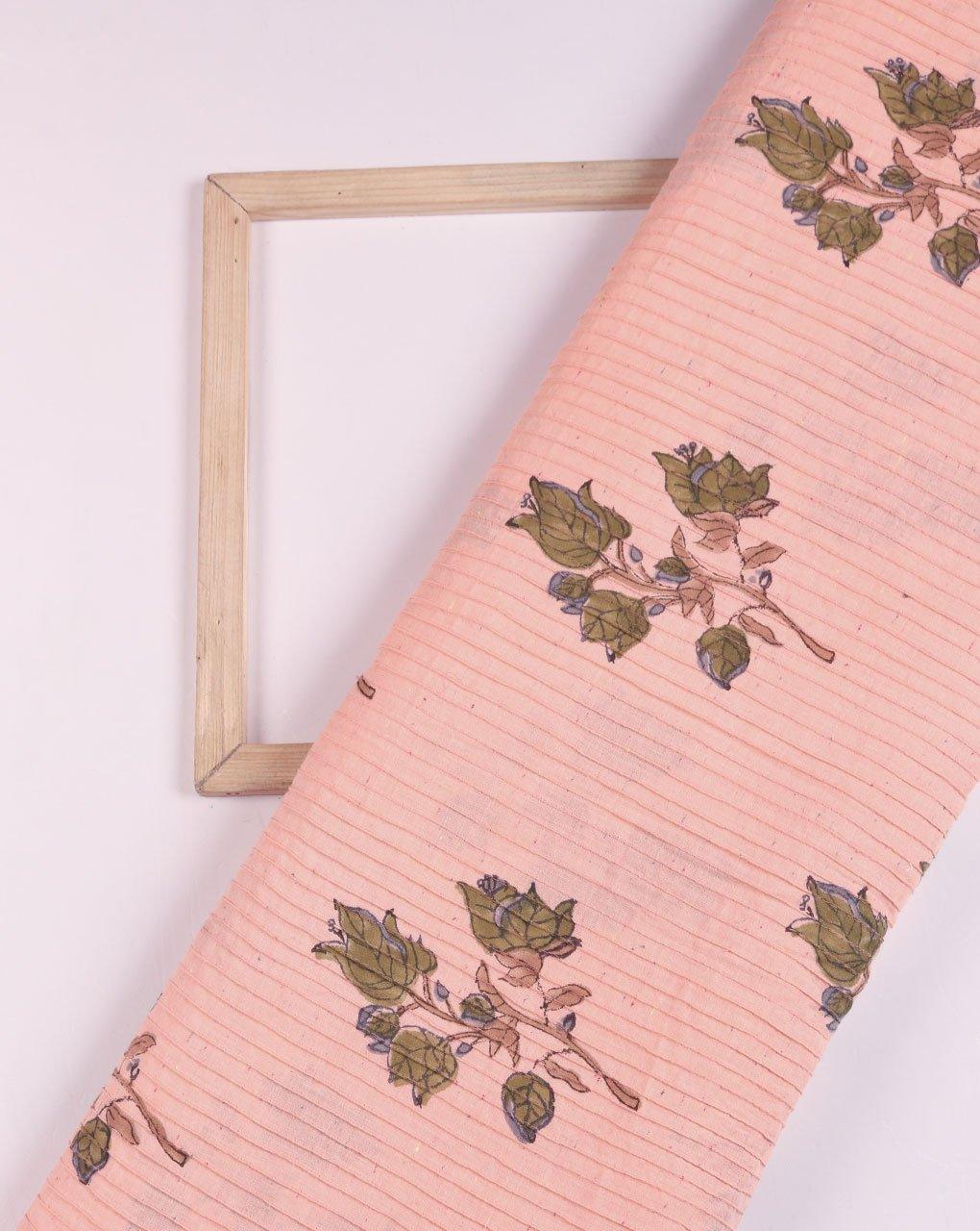 ( Pre-Cut 1 MTR ) Peach Green Floral Pattern Hand Block Pin-Tucks Cotton Fabric - Fabriclore.com