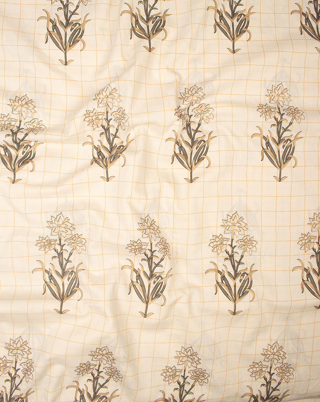 Off-White Grey Floral Pattern Screen Print Cotton Fabric - Fabriclore.com