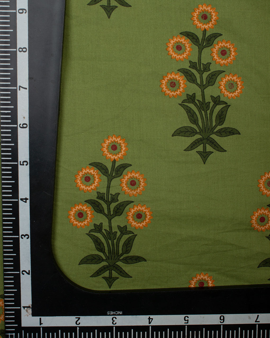 Green Orange Floral Pattern Screen Print Cotton Fabric - Fabriclore.com