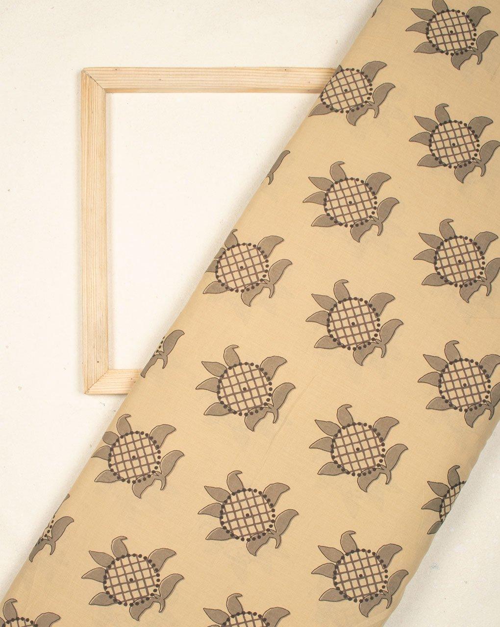 ( Pre-Cut 1.5 MTR ) Beige Brown Floral Pattern Screen Print Cotton Fabric - Fabriclore.com