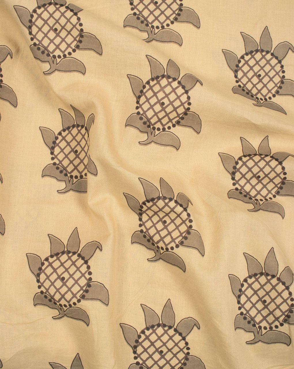 ( Pre-Cut 1.5 MTR ) Beige Brown Floral Pattern Screen Print Cotton Fabric - Fabriclore.com
