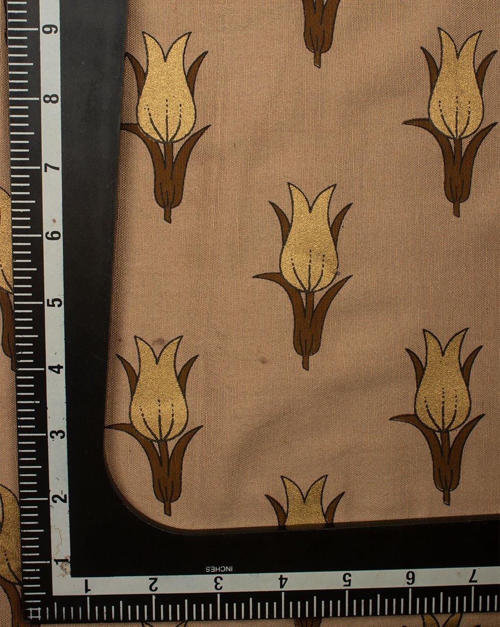 ( Pre-Cut 1.25 MTR ) Beige Brown Floral Pattern Flex Screen Print Cotton Fabric - Fabriclore.com