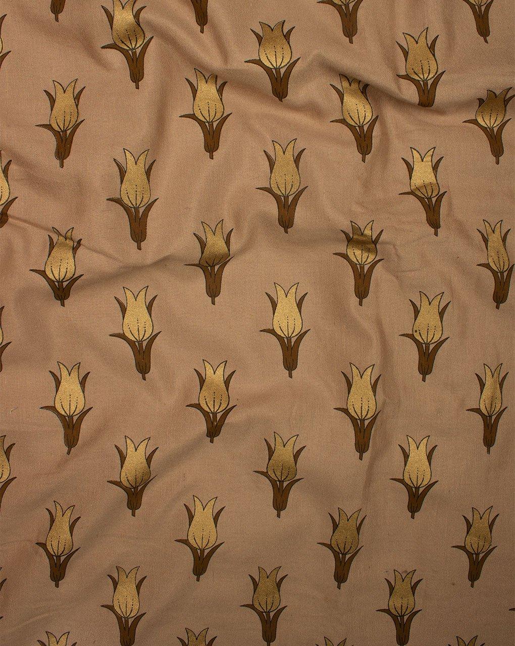 ( Pre-Cut 1.25 MTR ) Beige Brown Floral Pattern Flex Screen Print Cotton Fabric - Fabriclore.com