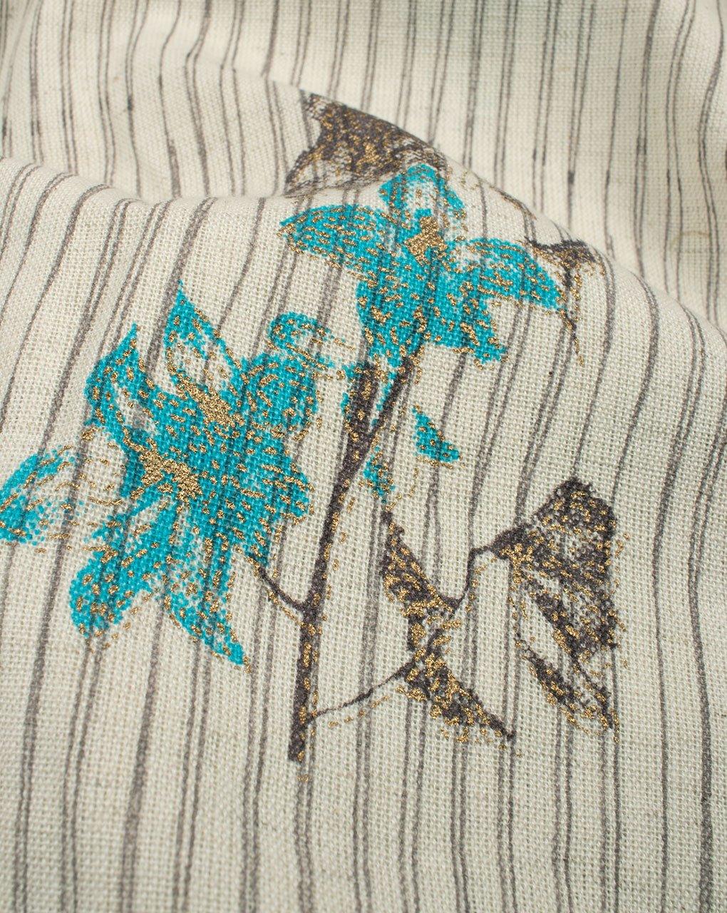 ( Pre-Cut 1 MTR ) Off-White Turquoise Floral Pattern Foil Screen Print Flex Cotton Fabric - Fabriclore.com