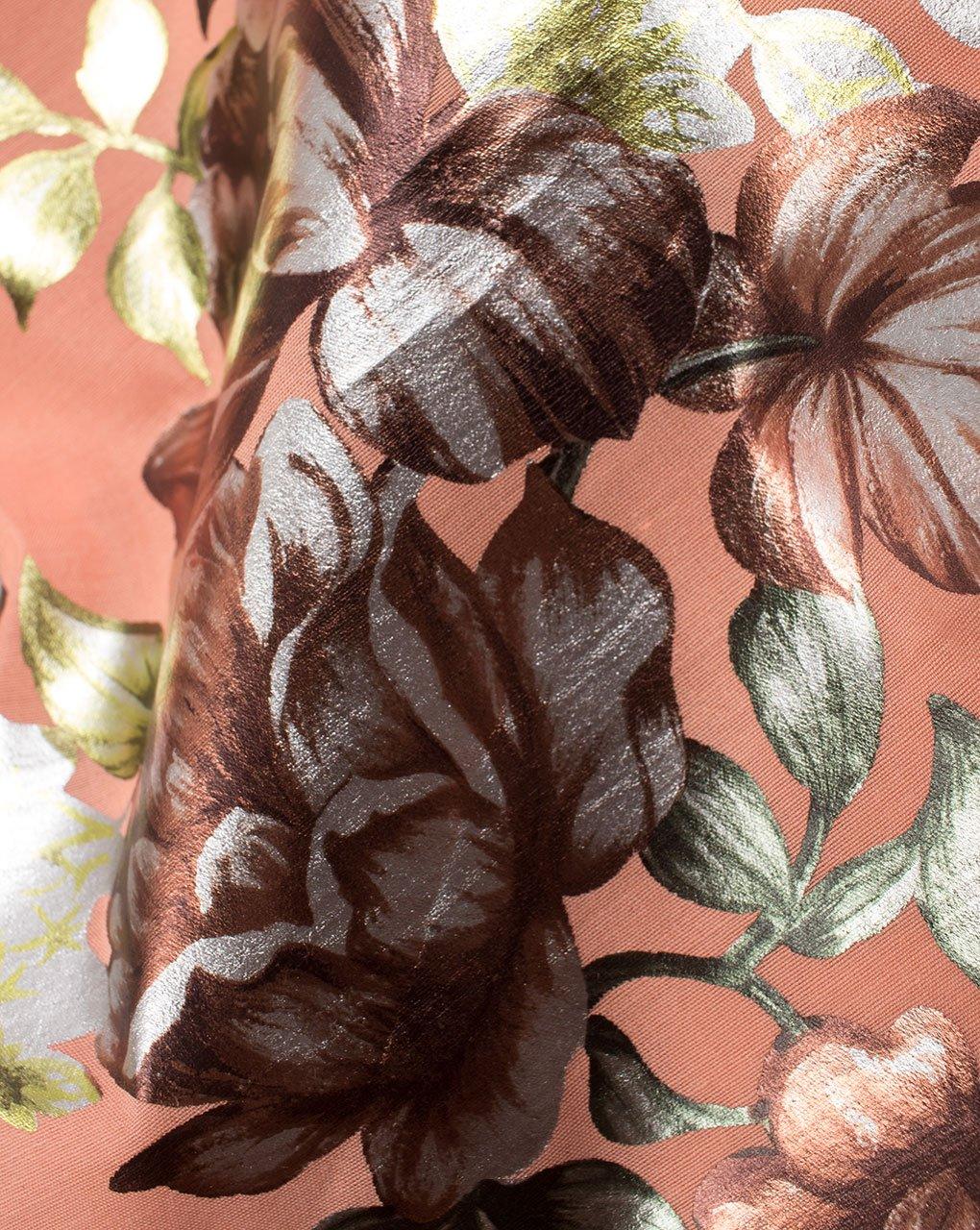( Pre-Cut 1 MTR ) Peach Off-White Floral Foil Screen Print Cotton By Viscose Fabric - Fabriclore.com