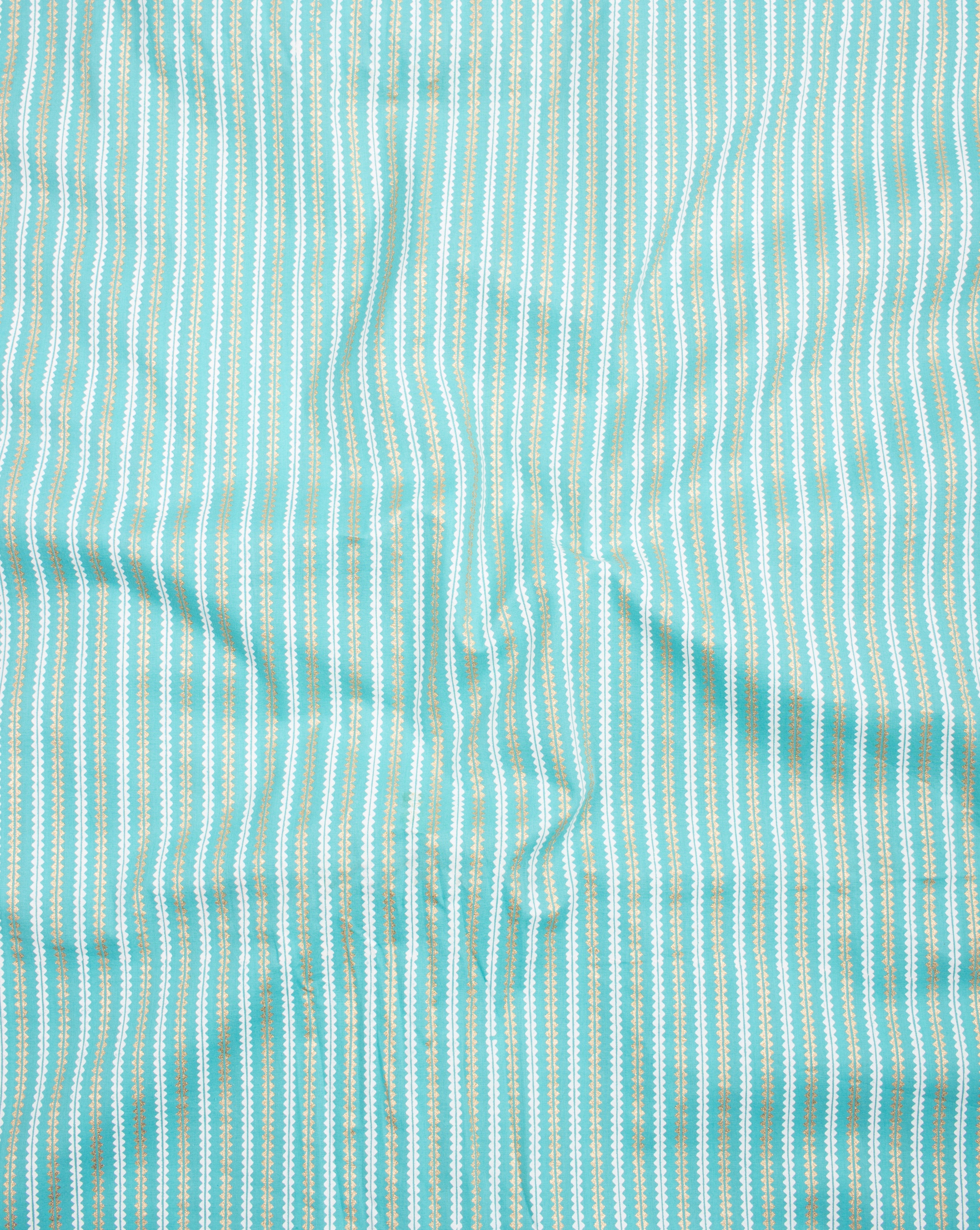 Turquoise Gold Stripes Foil Screen Print Cotton Fabric - Fabriclore.com