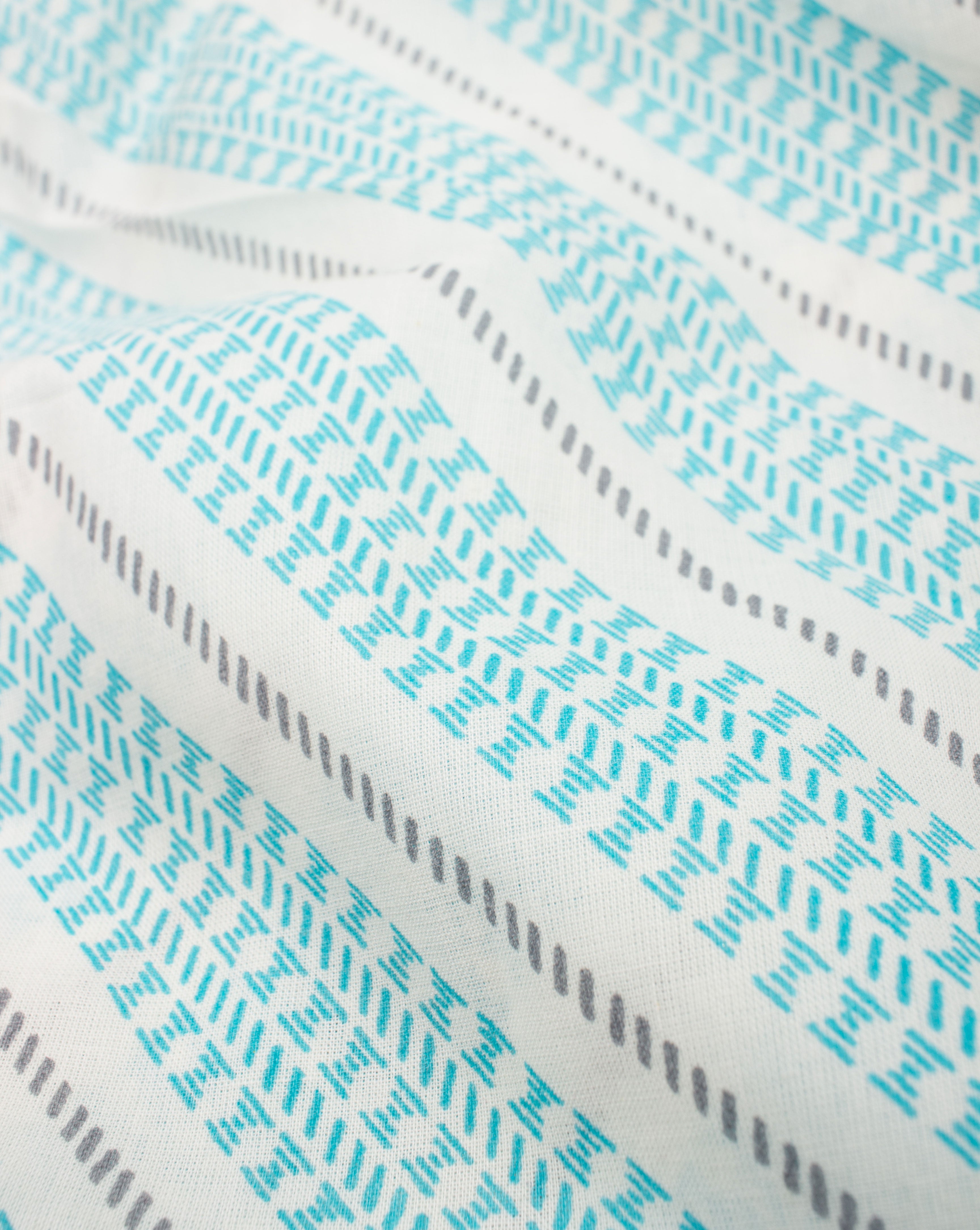 Off-White Turquoise Stripes Pattern Screen Print Cotton Fabric - Fabriclore.com
