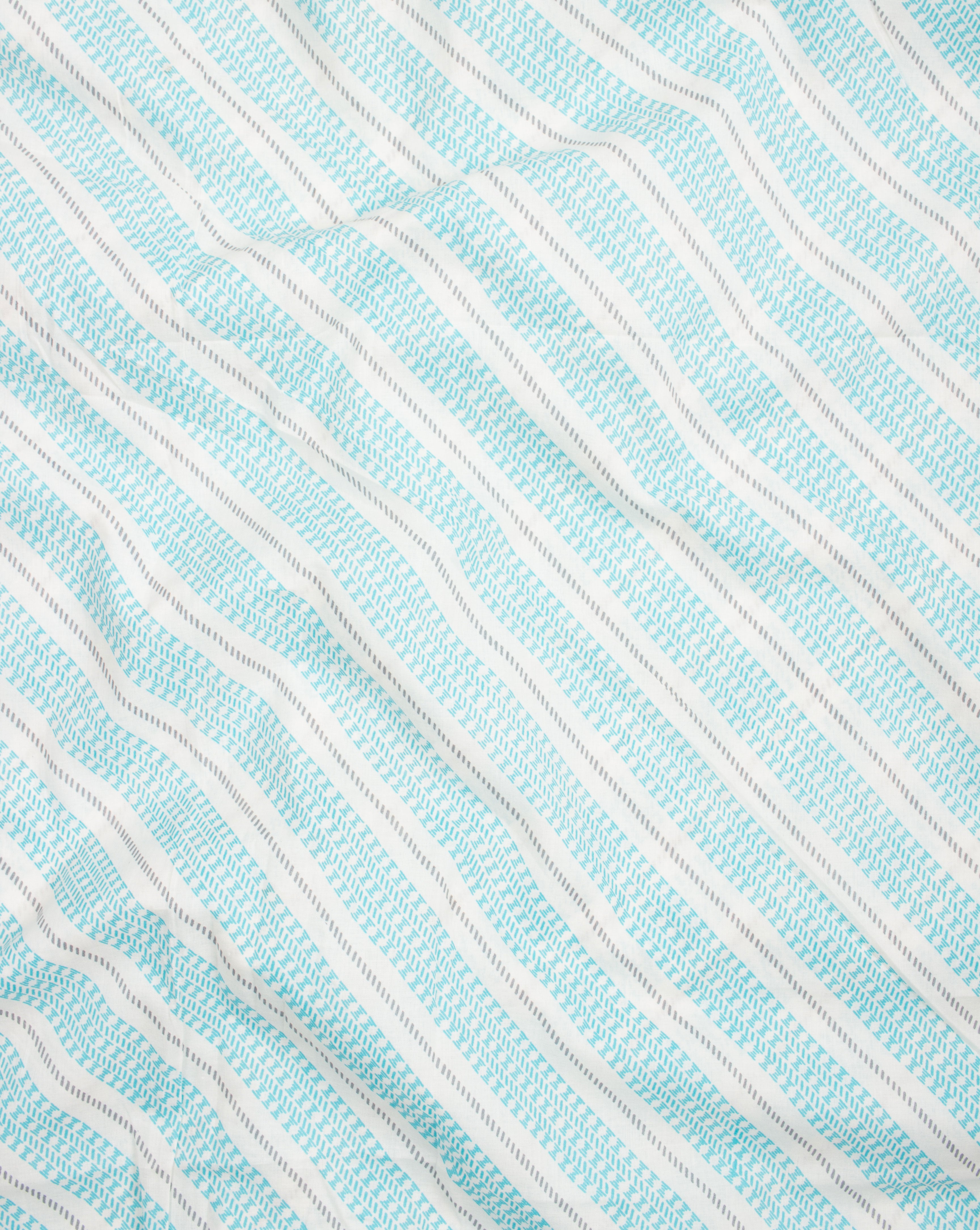 Off-White Turquoise Stripes Pattern Screen Print Cotton Fabric - Fabriclore.com