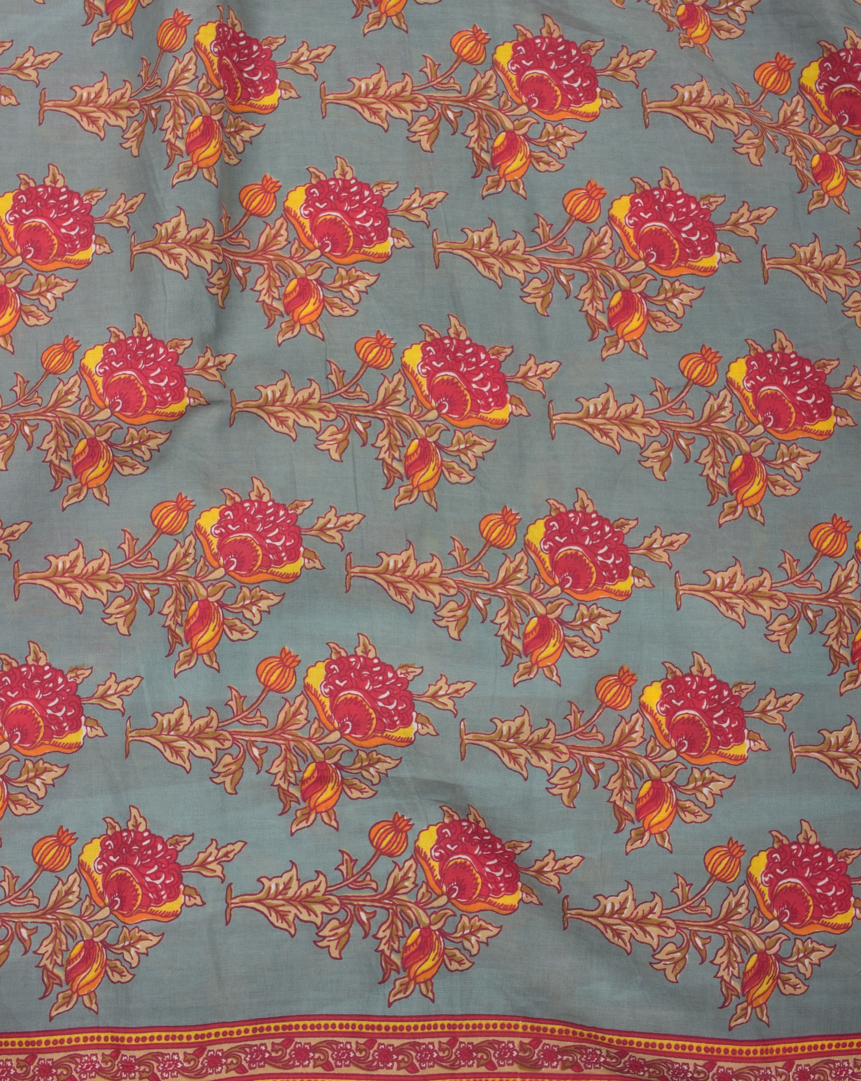 Grey Red Floral Pattern Screen Print Cotton Fabric - Fabriclore.com