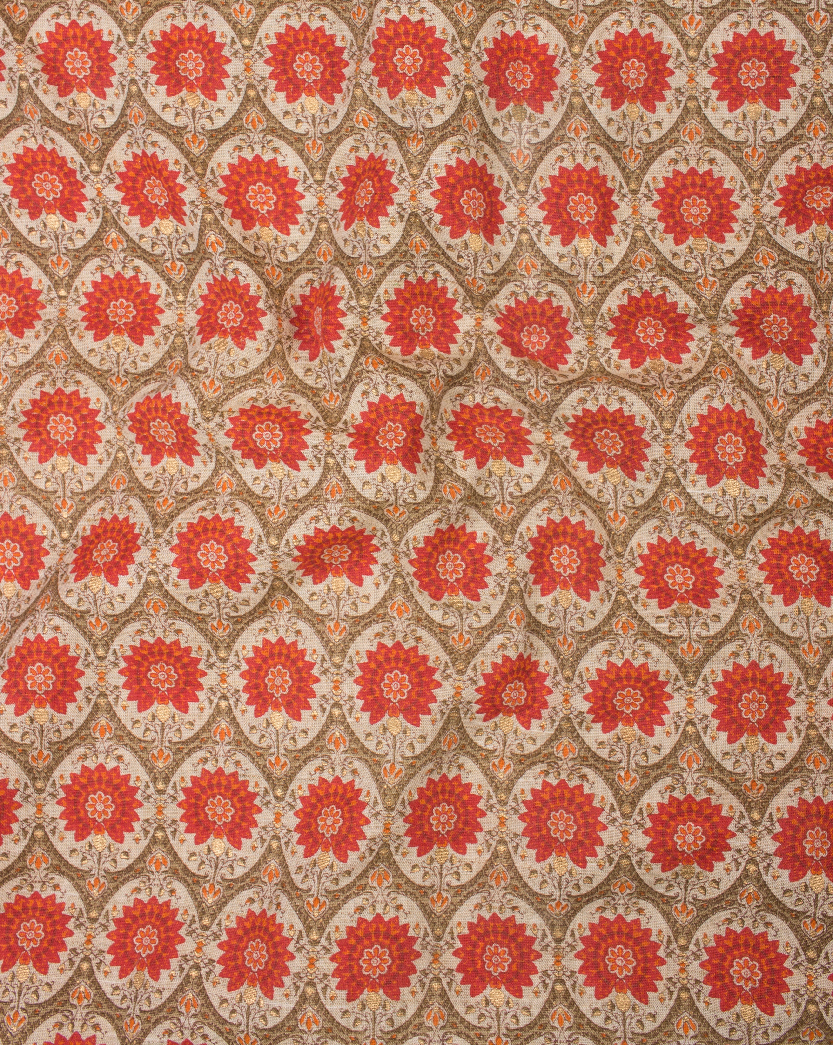 Beige Red Floral Pattern Foil Screen Print Flex Cotton Fabric - Fabriclore.com