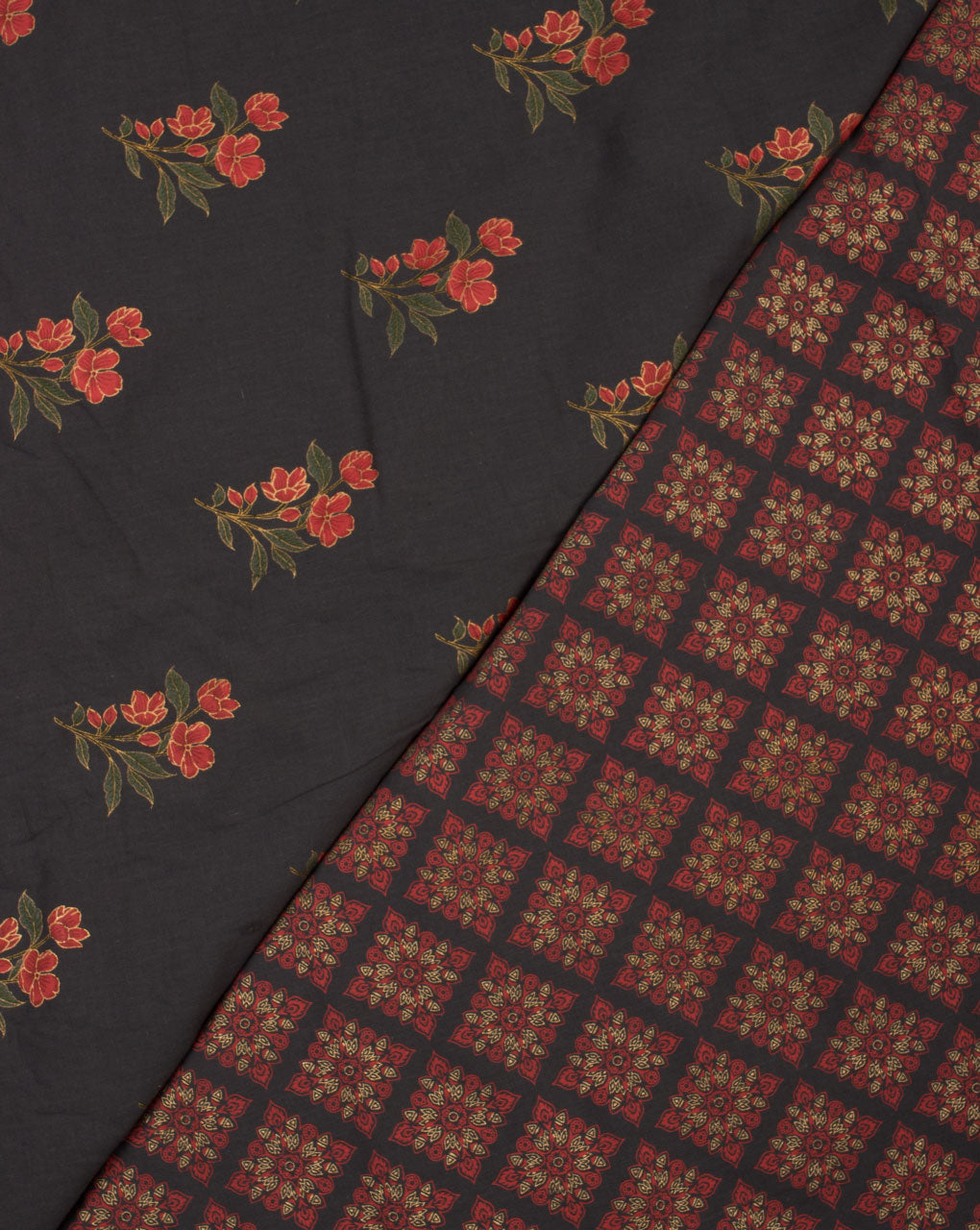 Charcoal Grey Red Floral Pattern Foil Screen Print Cotton Fabric - Fabriclore.com