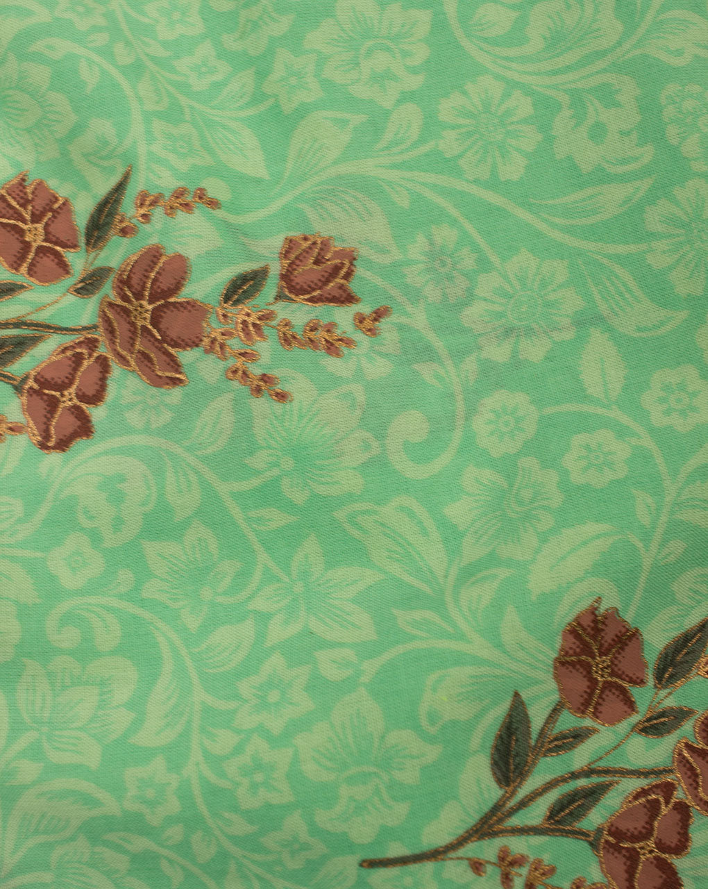 Mint Green Gold Floral Pattern Foil Screen Print Cotton Fabric - Fabriclore.com