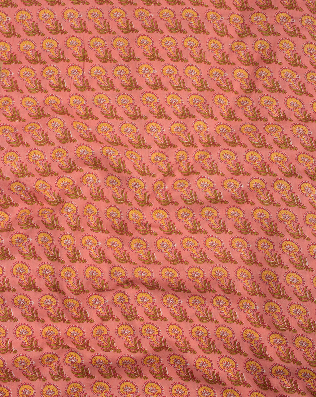Salmon Green Floral Pattern Screen Print Cotton Fabric - Fabriclore.com