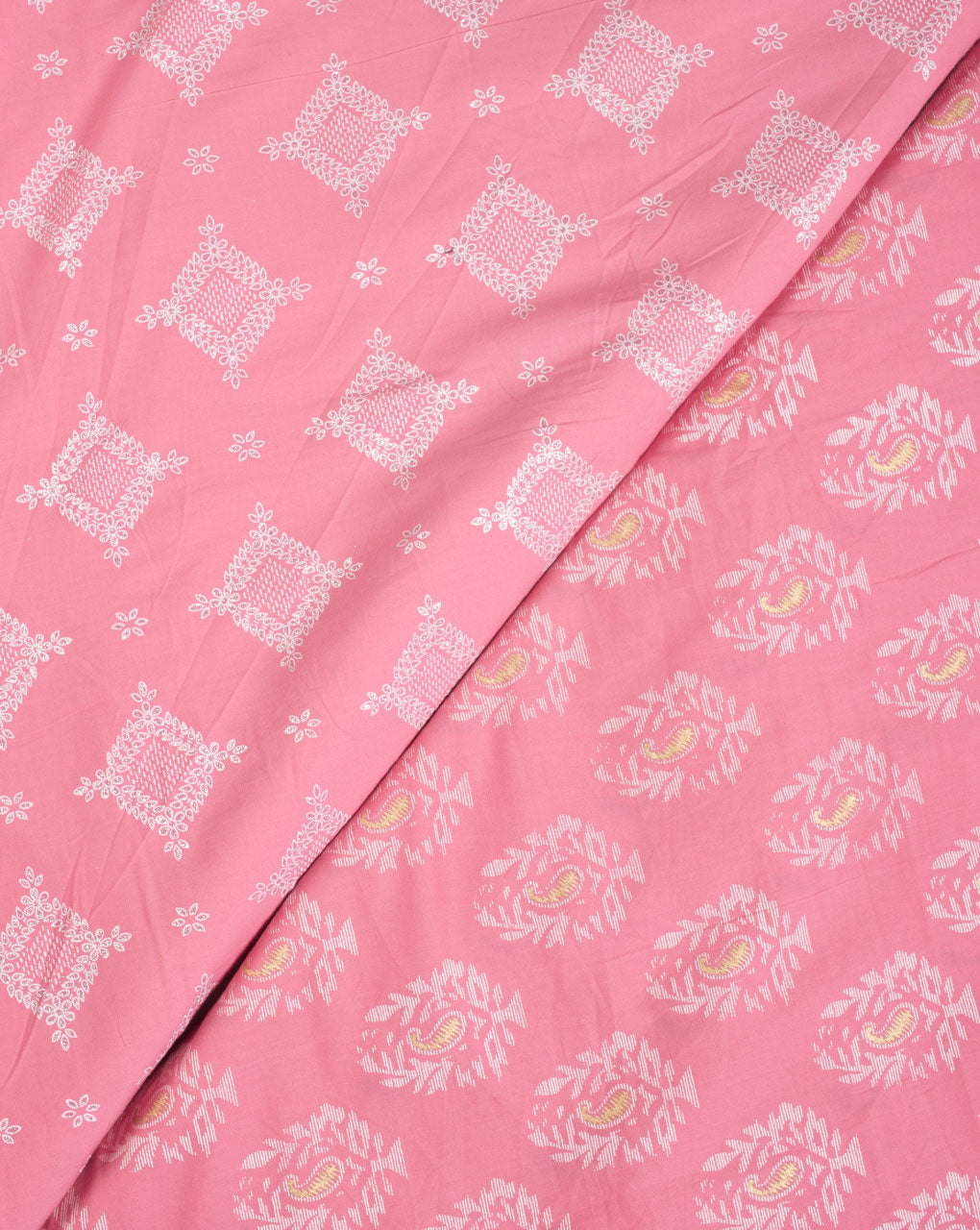 Pink Silver Traditional Pattern Foil Screen Print Cotton Fabric - Fabriclore.com