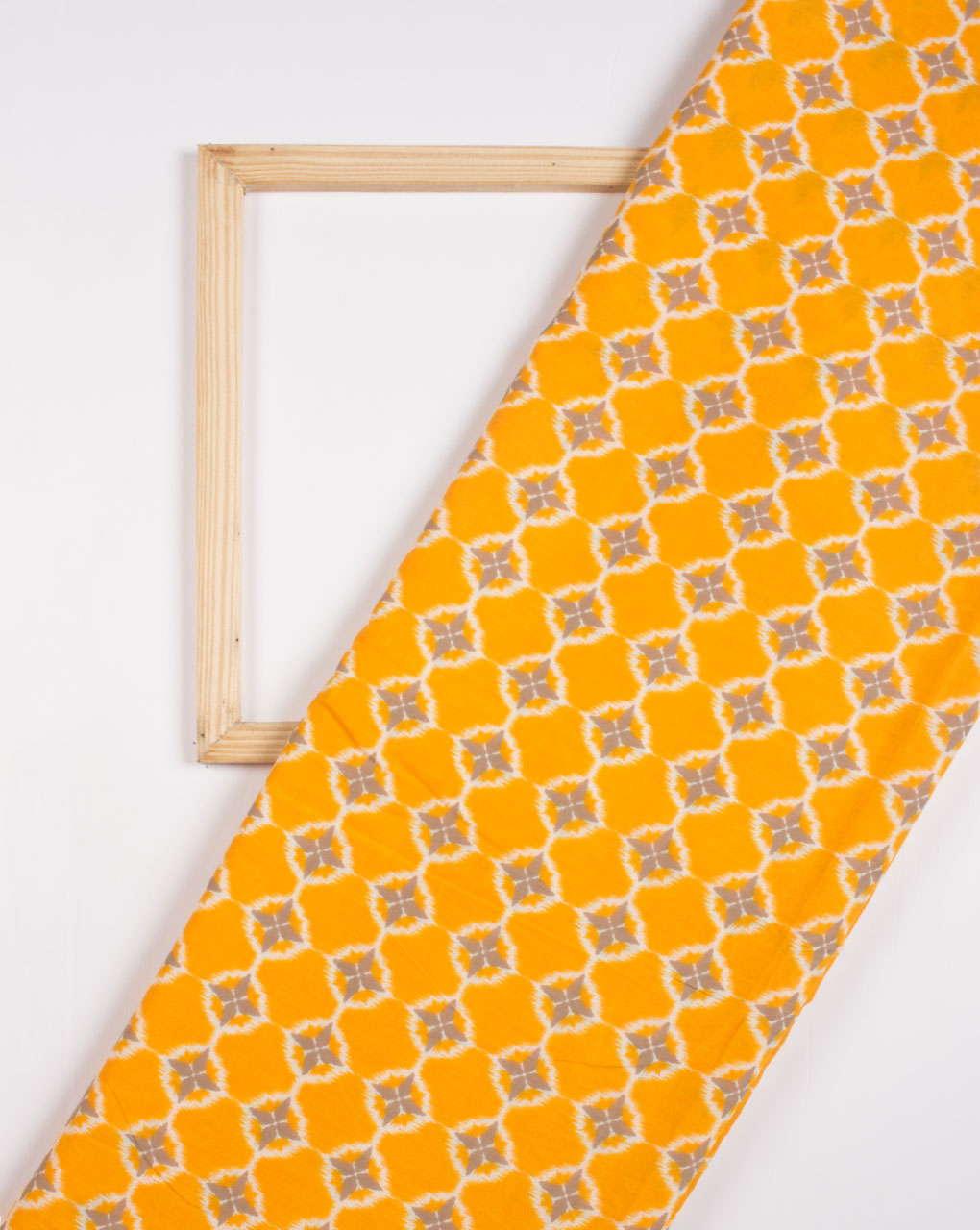 Yellow White Geometric Pattern Screen Print Cotton Fabric - Fabriclore.com