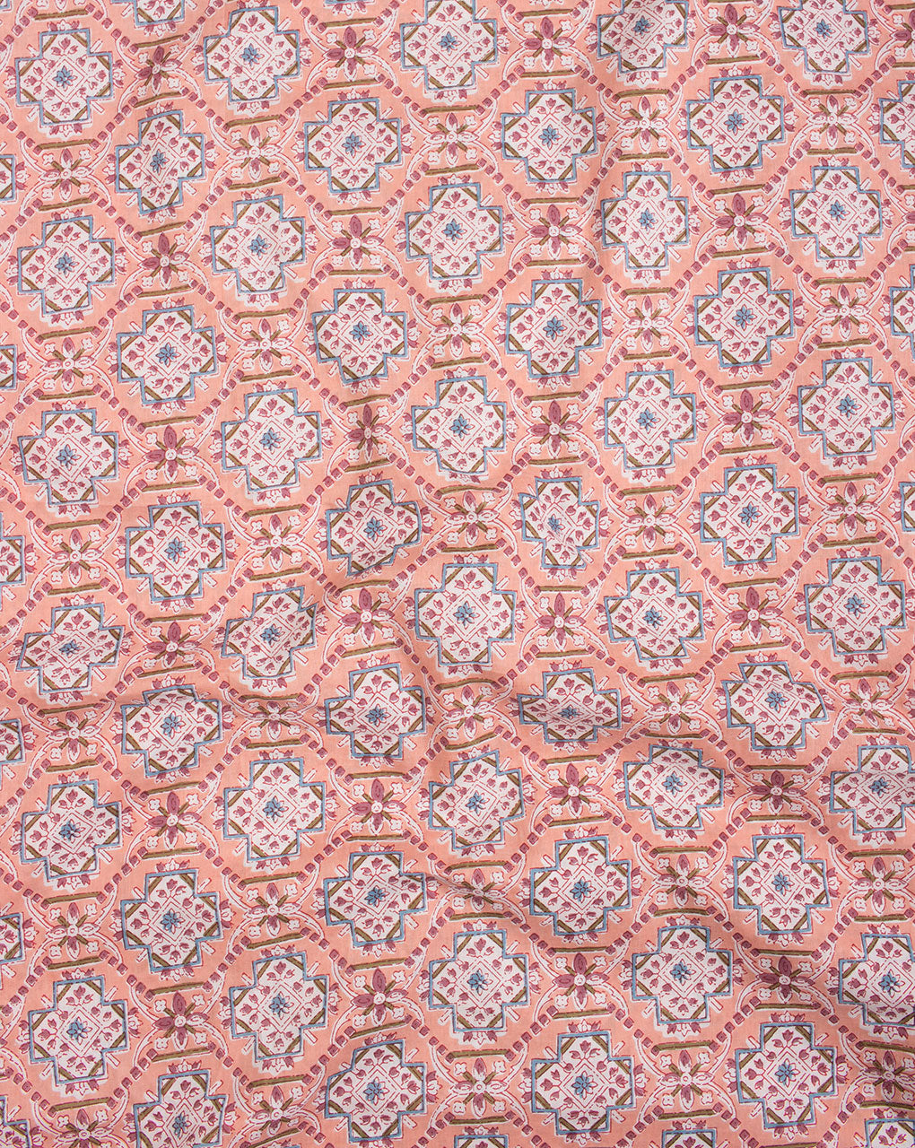 Salmon White Traditional Pattern Screen Print Cotton Fabric - Fabriclore.com