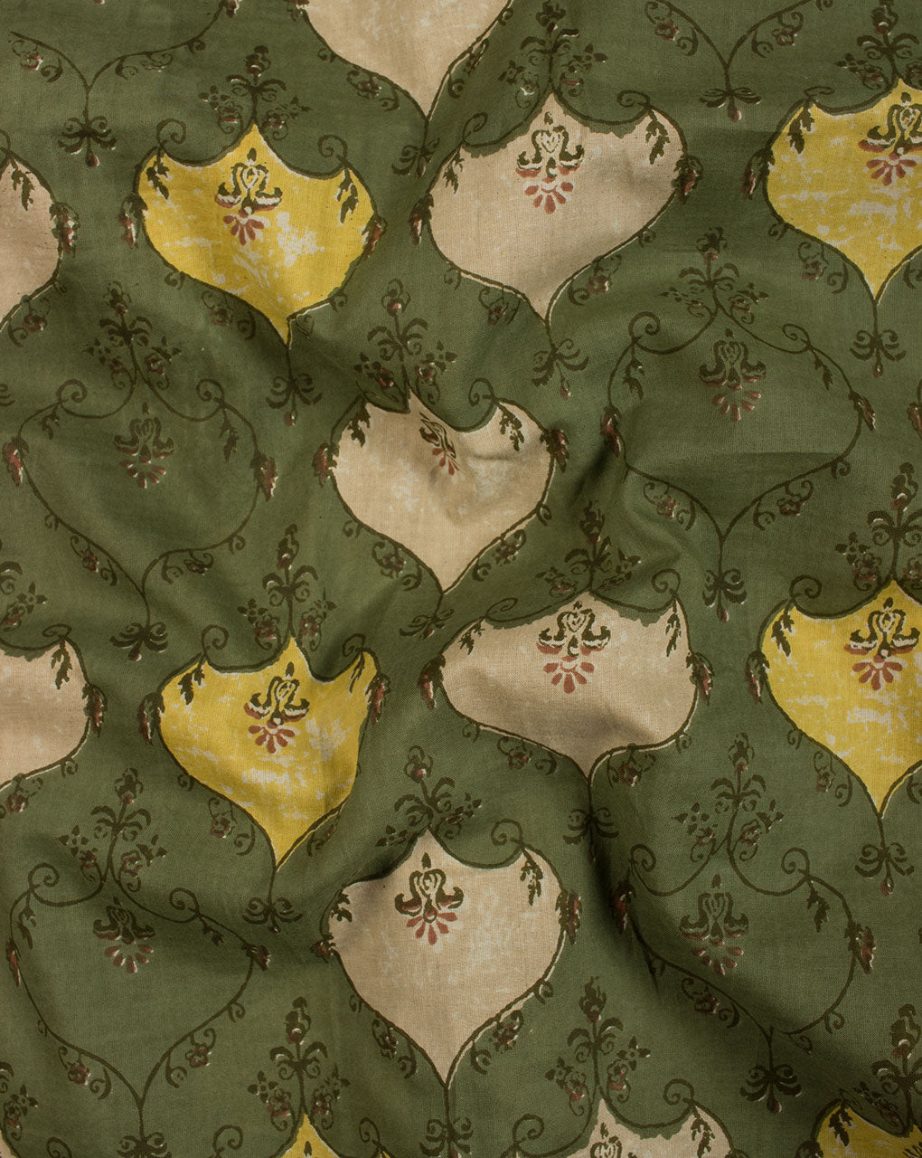 Green Yellow Floral Pattern Screen Print Cotton Fabric - Fabriclore.com