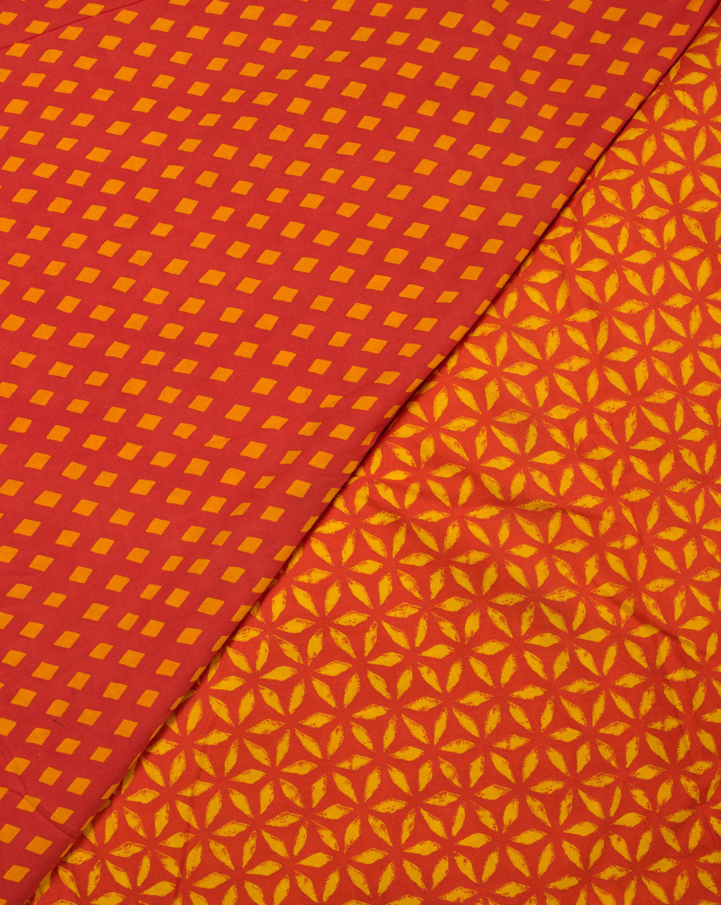Rusty Orange Yellow Geometric Pattern Screen Print Cotton Fabric - Fabriclore.com