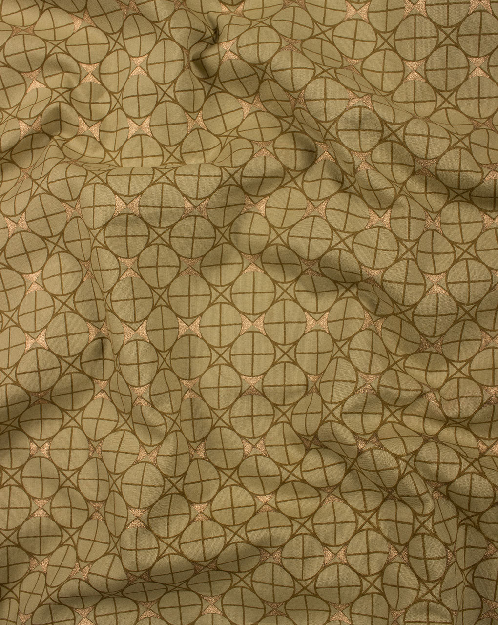 Olive Green Gold Geometric Pattern Foil Screen Print Cotton Fabric - Fabriclore.com