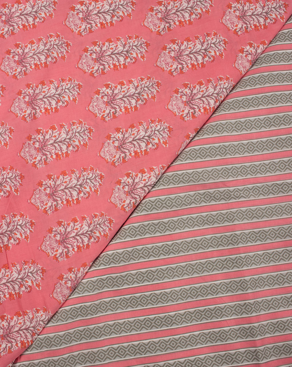 Grey Pink Stripes Pattern Screen Print Cotton Fabric - Fabriclore.com