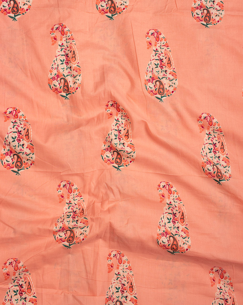 Light Peach Off-White Floral Pattern Screen Print Cotton Fabric - Fabriclore.com