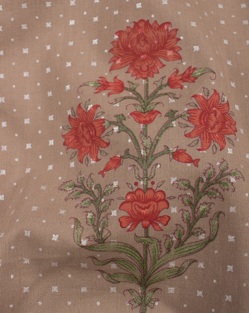 Grey Red Floral Pattern Foil Screen Print Cotton Fabric - Fabriclore.com