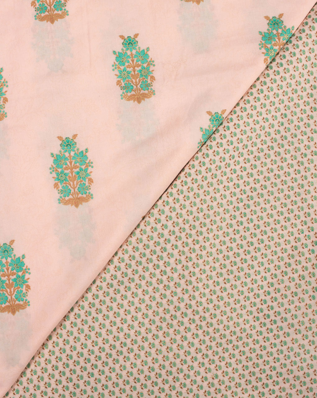 Peach Green Floral Pattern Foil Screen Print Cotton Fabric - Fabriclore.com