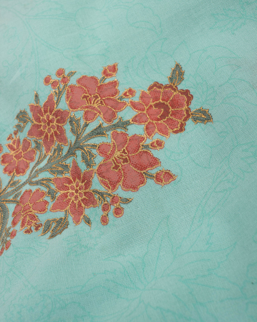 Aqua Red Floral Pattern Foil Screen Print Cotton Fabric - Fabriclore.com
