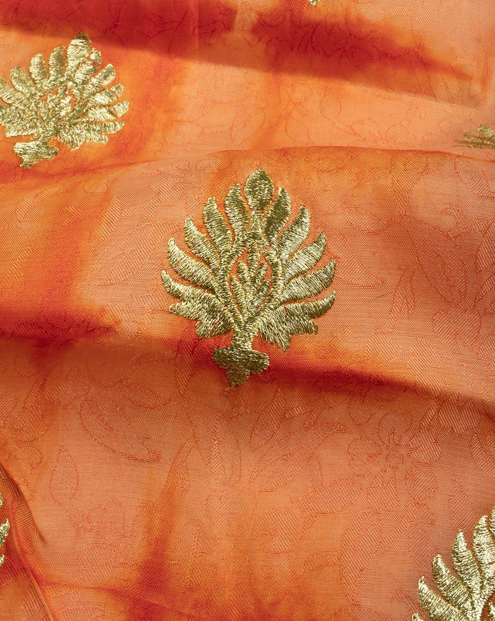 ( Pre-Cut 1.75 MTR ) Orange Gold Floral Pattern Zari Work Tie Dye Pure Dupion Silk Fabric - Fabriclore.com