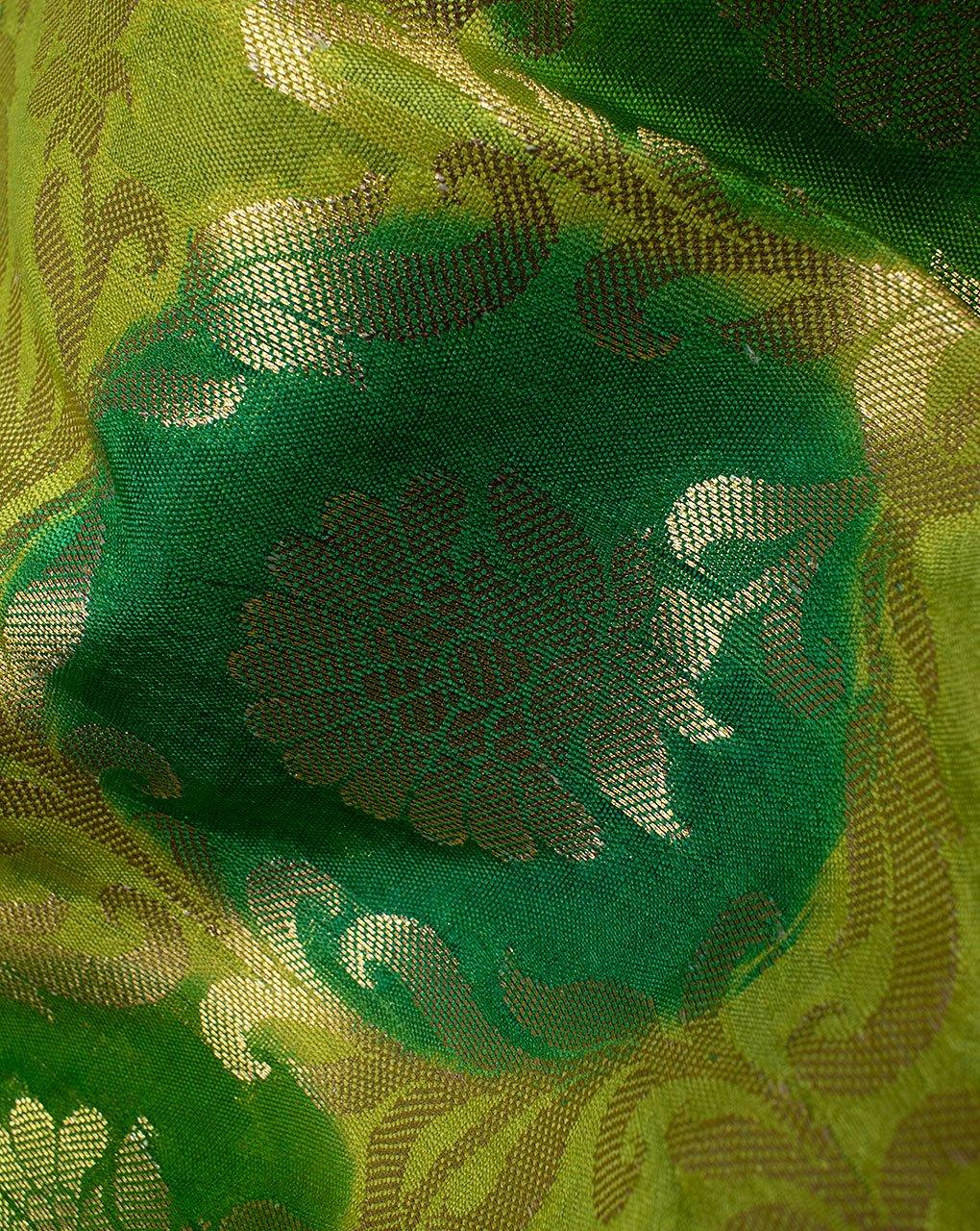 ( Pre-Cut 2 MTR ) Green Gold Floral Tie Dye Pure Dupion Silk Fabric - Fabriclore.com