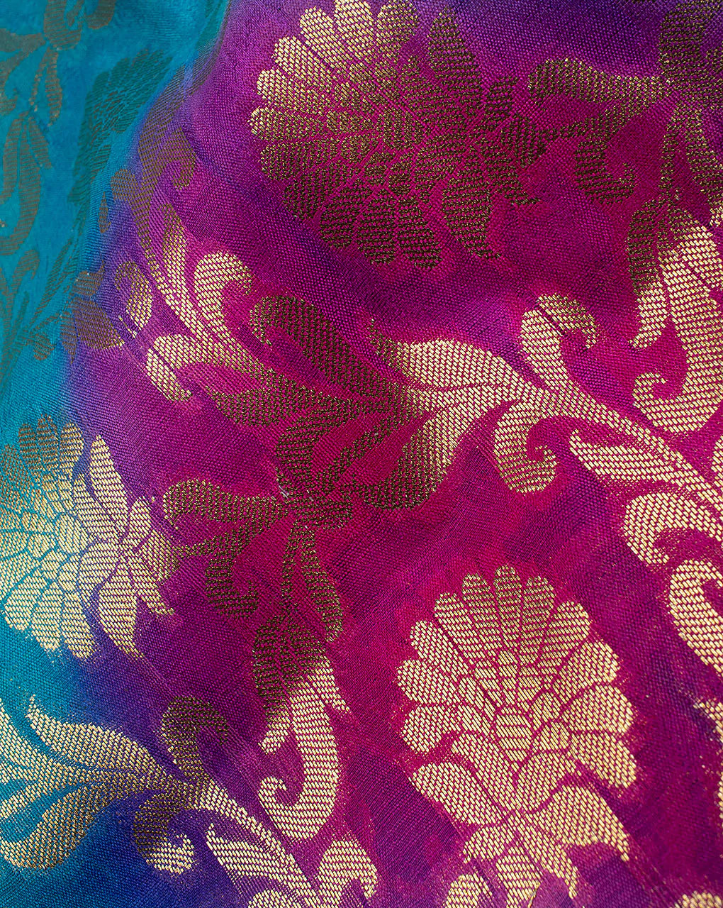 Turquoise Fuchsia Floral Pattern Tie Dye Pure Dupion Silk Fabric - Fabriclore.com