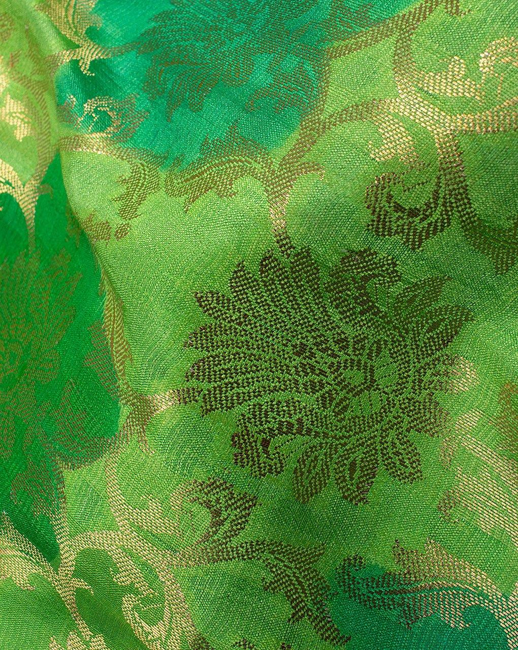 ( Pre-Cut 2 MTR ) Green Gold Floral Pattern Tie Dye Pure Dupion Silk Fabric - Fabriclore.com