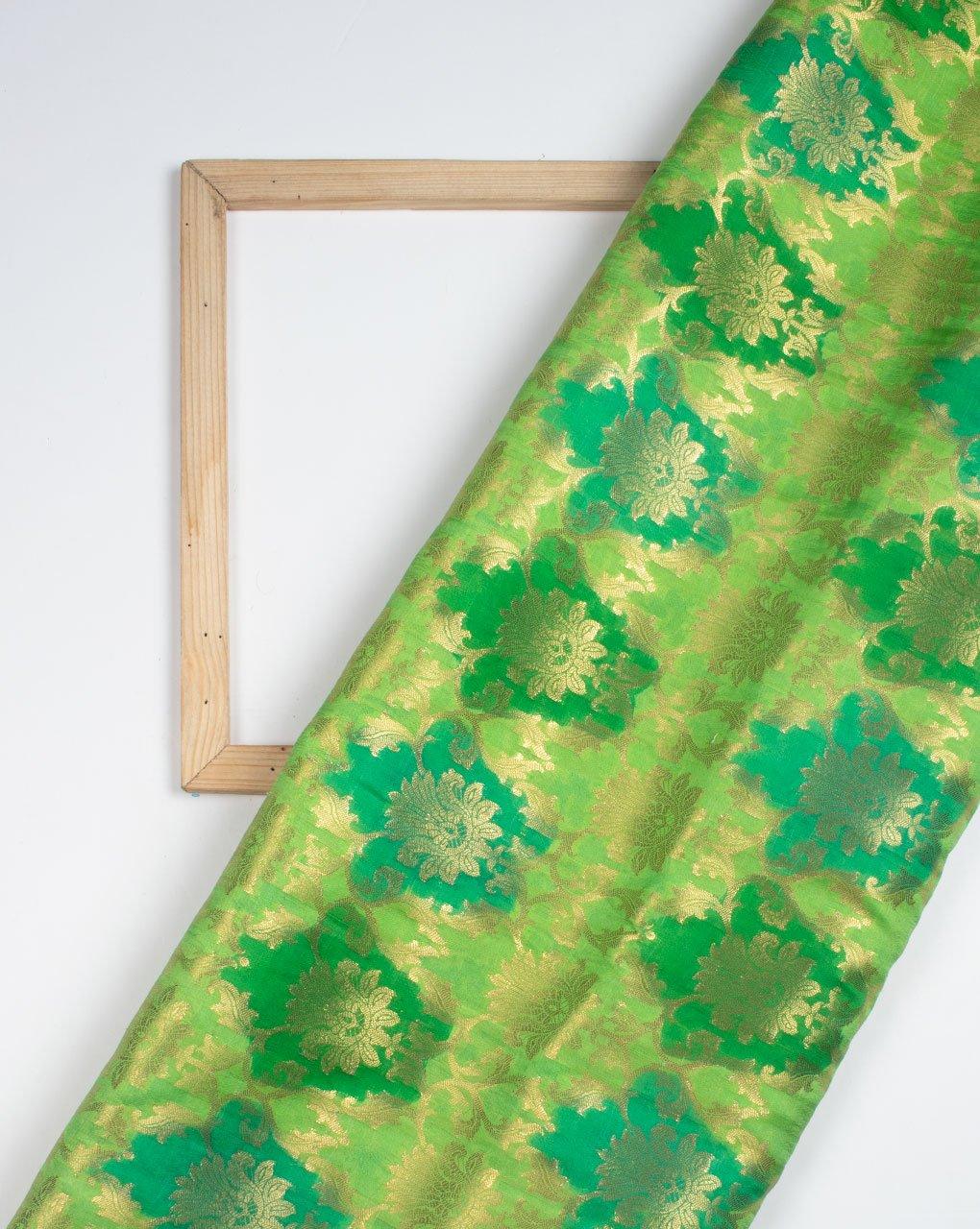 ( Pre-Cut 2 MTR ) Green Gold Floral Pattern Tie Dye Pure Dupion Silk Fabric - Fabriclore.com