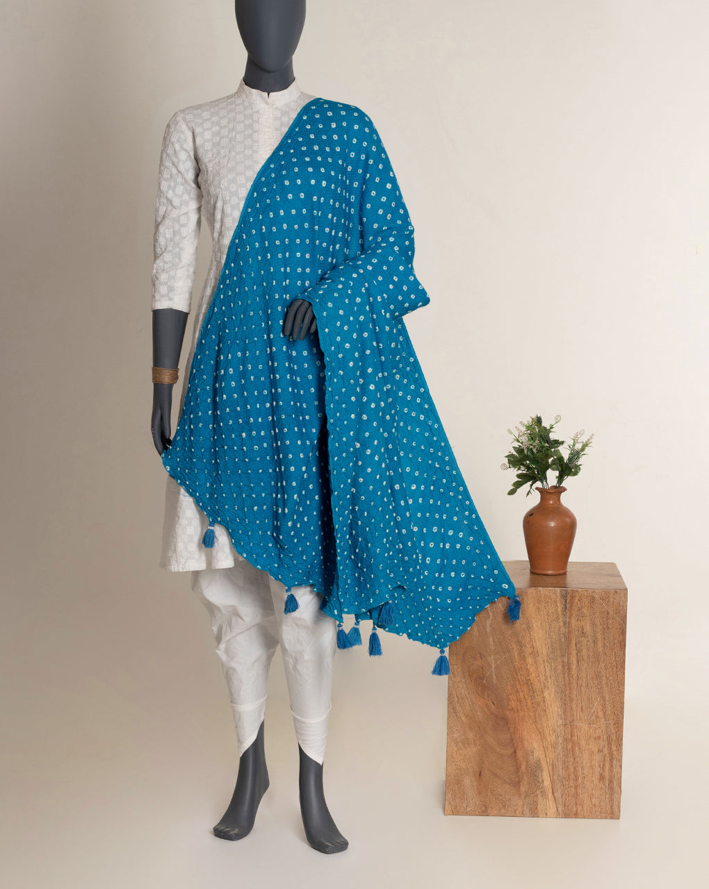 Turquoise  Bandhani Dobby Rayon Dupatta - Fabriclore.com
