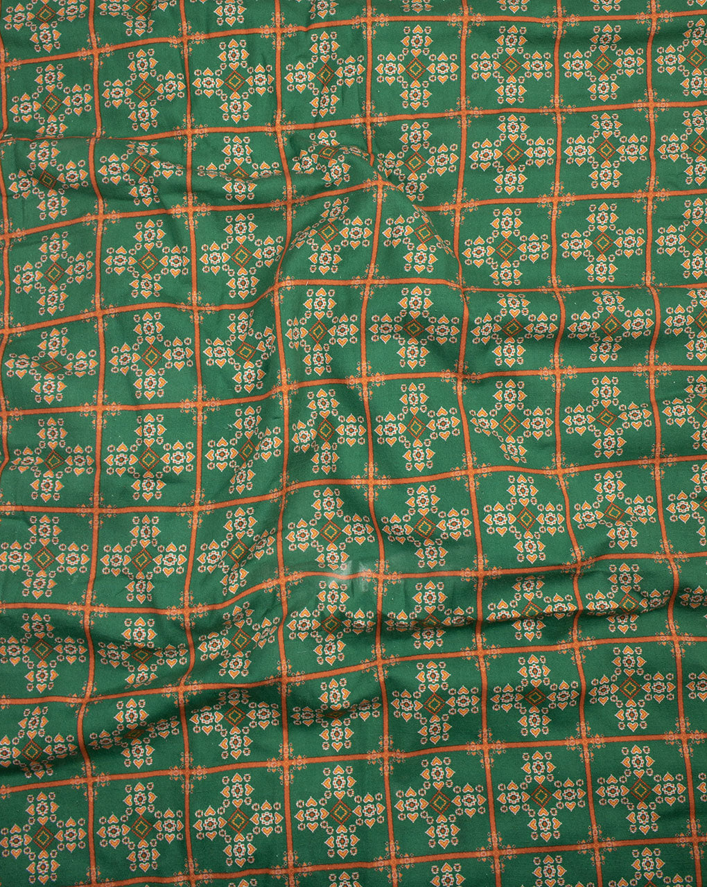 Green Orange Patola Pattern Digital Print Flex Cotton Fabric - Fabriclore.com