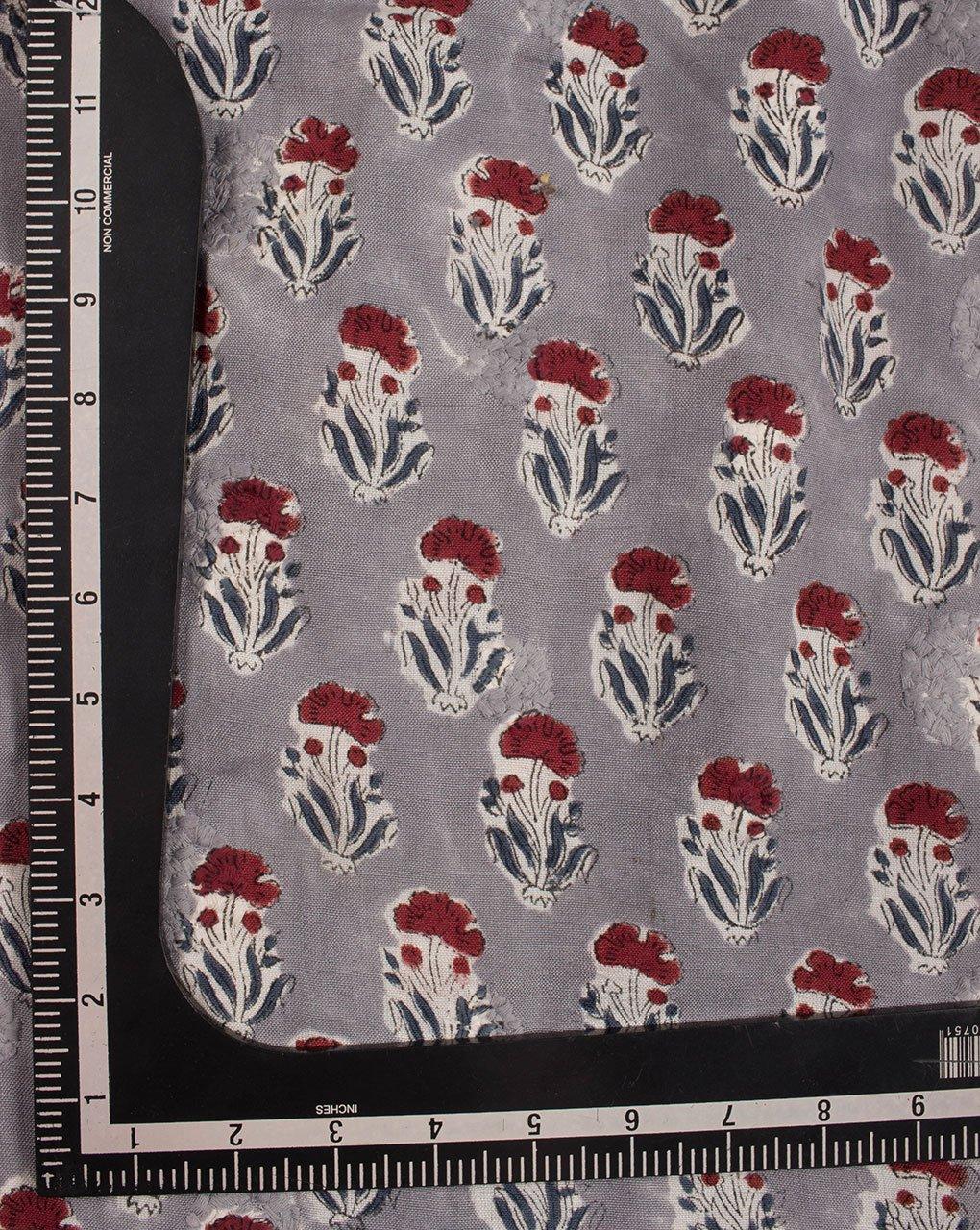 ( Pre-Cut 1.25 MTR ) Grey Maroon Booti Pattern Rapid Print Hand Block Embroidred Flex Cotton Fabric - Fabriclore.com