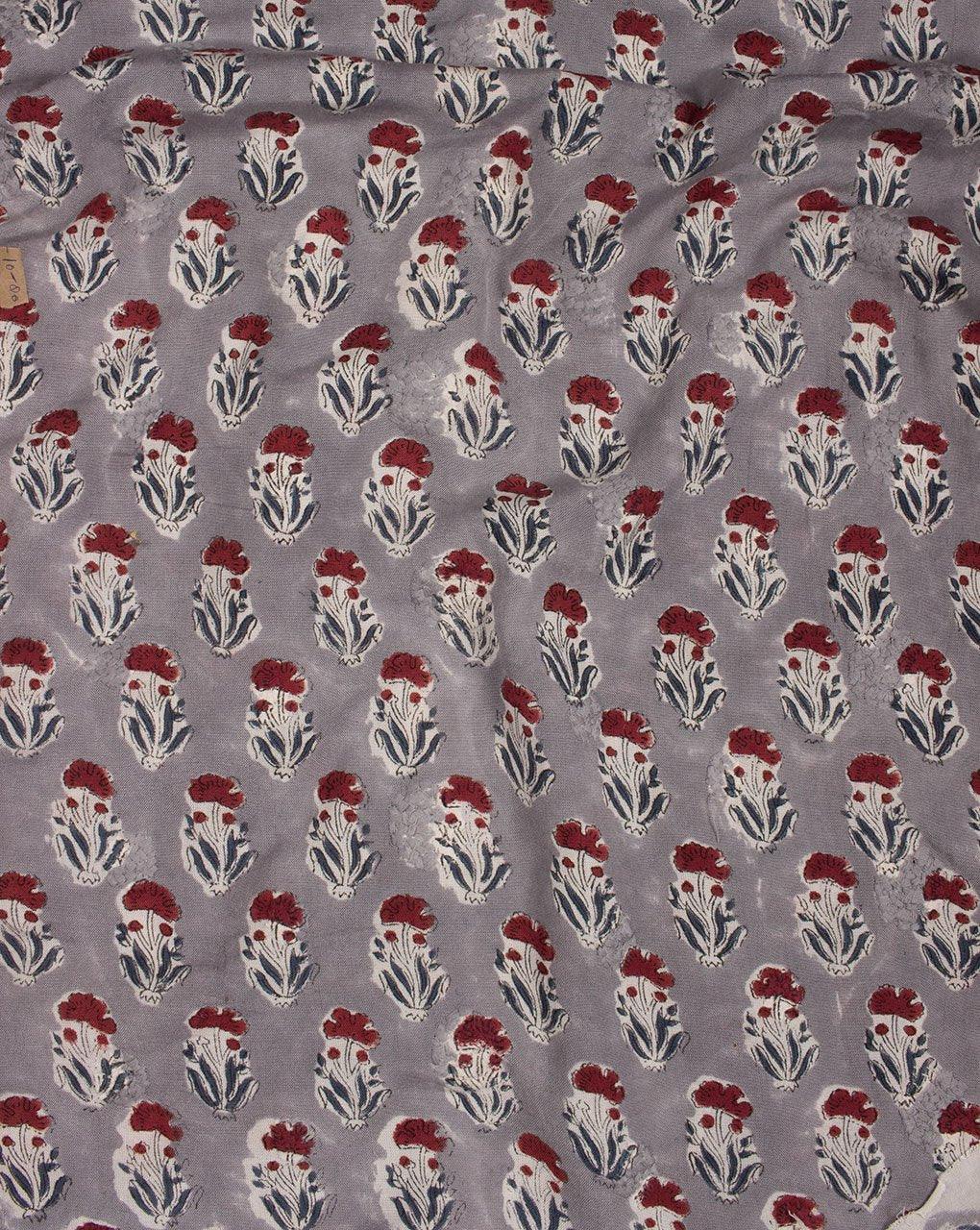 ( Pre-Cut 1.25 MTR ) Grey Maroon Booti Pattern Rapid Print Hand Block Embroidred Flex Cotton Fabric - Fabriclore.com