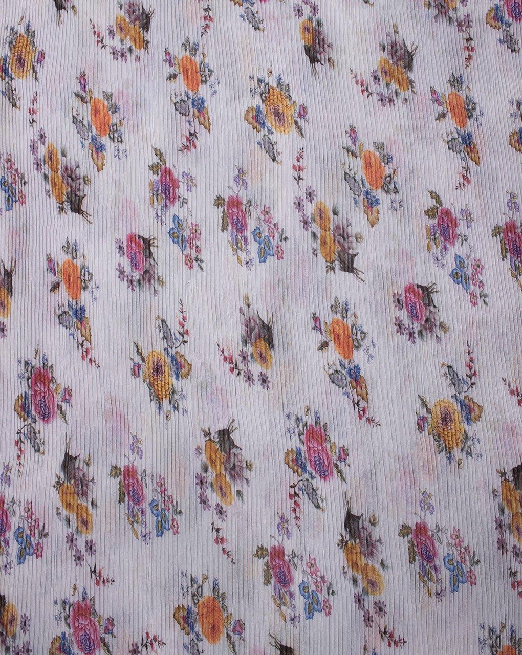 ( Pre-Cut 60 CM ) Off-White Pink Floral Pattern Digital Print Pleated Georgette Fabric ( Width 56 Inch ) - Fabriclore.com