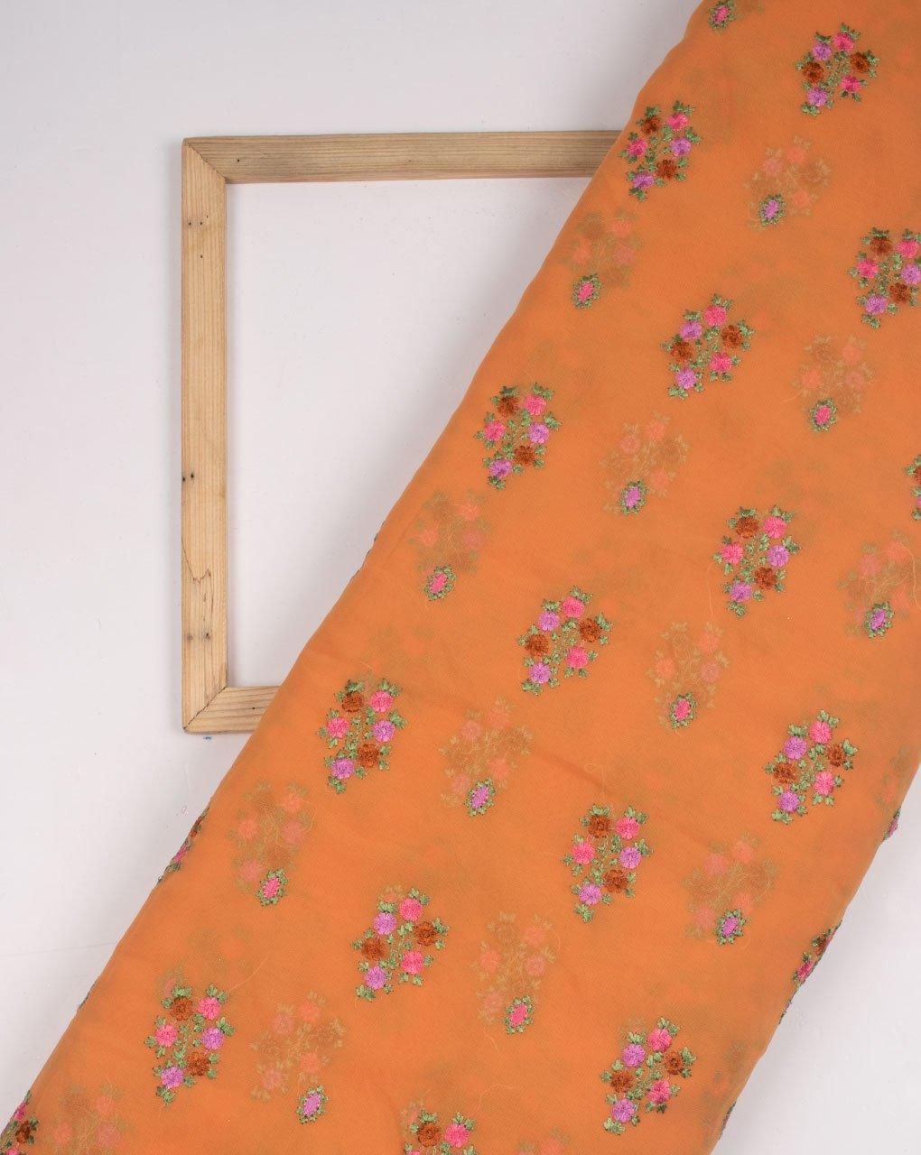 ( Pre-Cut 1.25 MTR ) Mustard Yellow Purple Floral Pattern Embroidered Georgette Fabric - Fabriclore.com