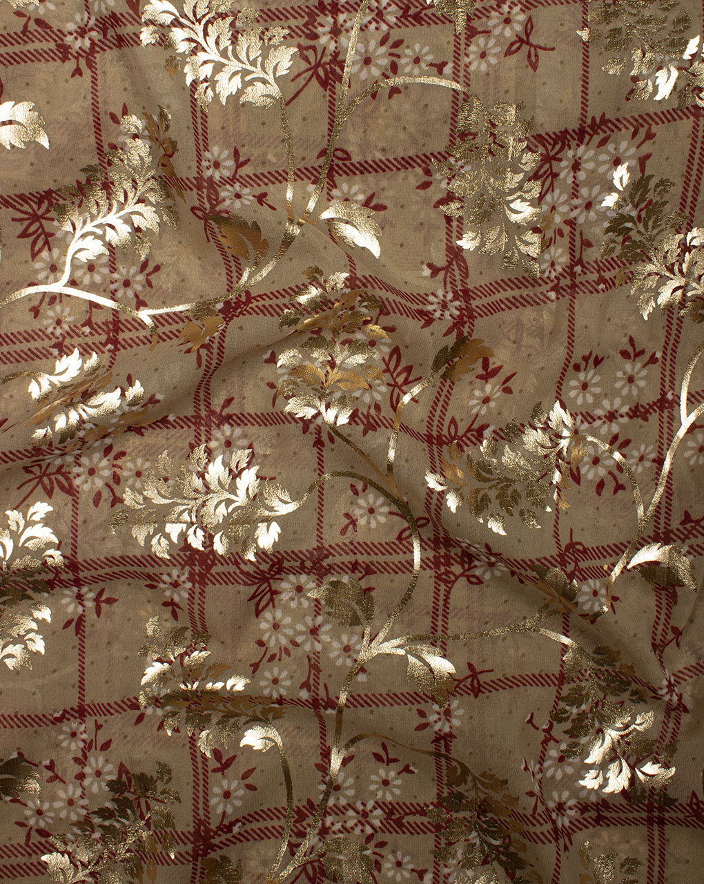 Beige Gold Floral Pattern Foil Screen Print Georgette Fabric - Fabriclore.com