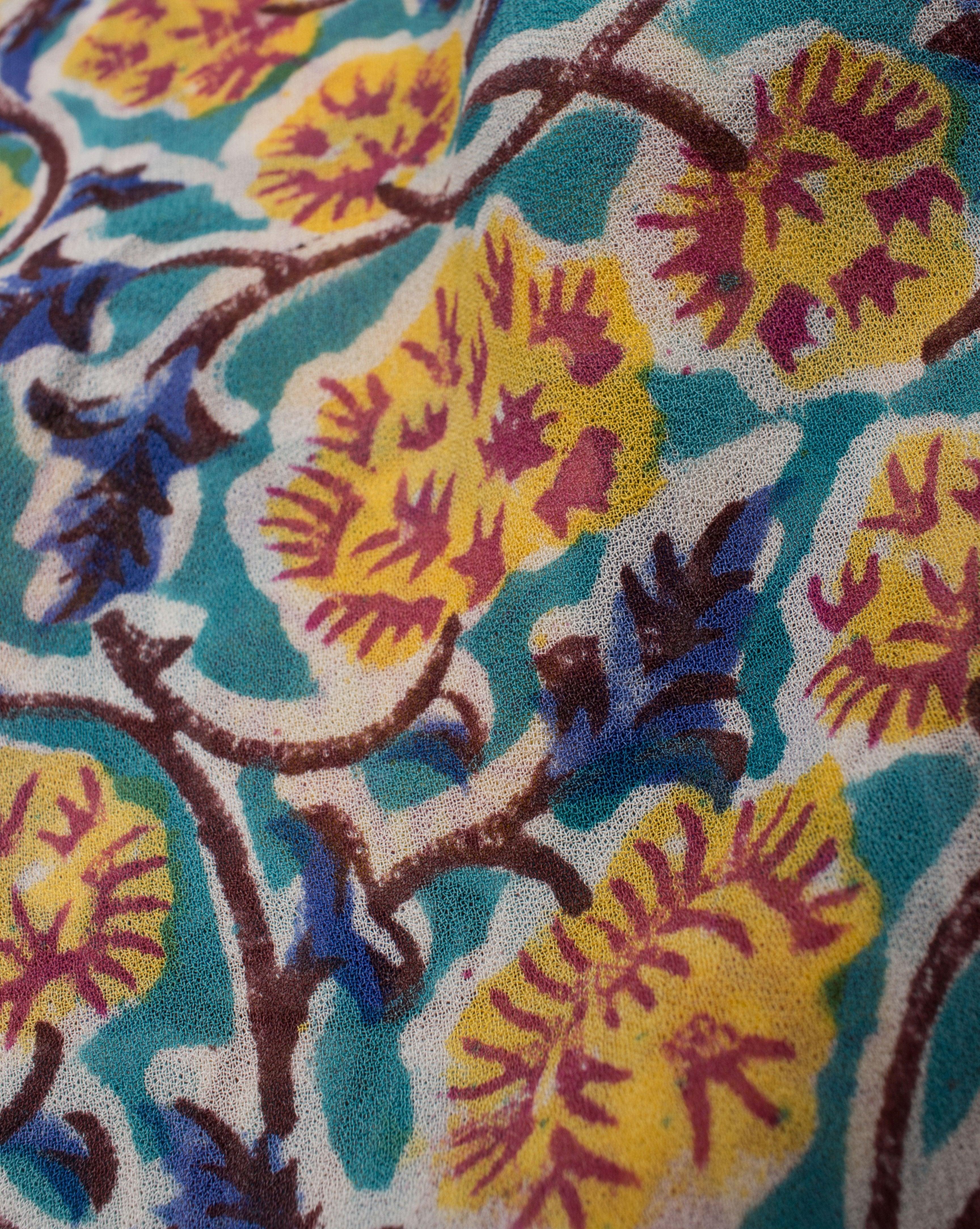 ( Pre-Cut 70 CM ) Sea Green Yellow Floral Pattern Hand Block Rapid Print Viscose Georgette Fabric ( Width 40 Inch ) - Fabriclore.com