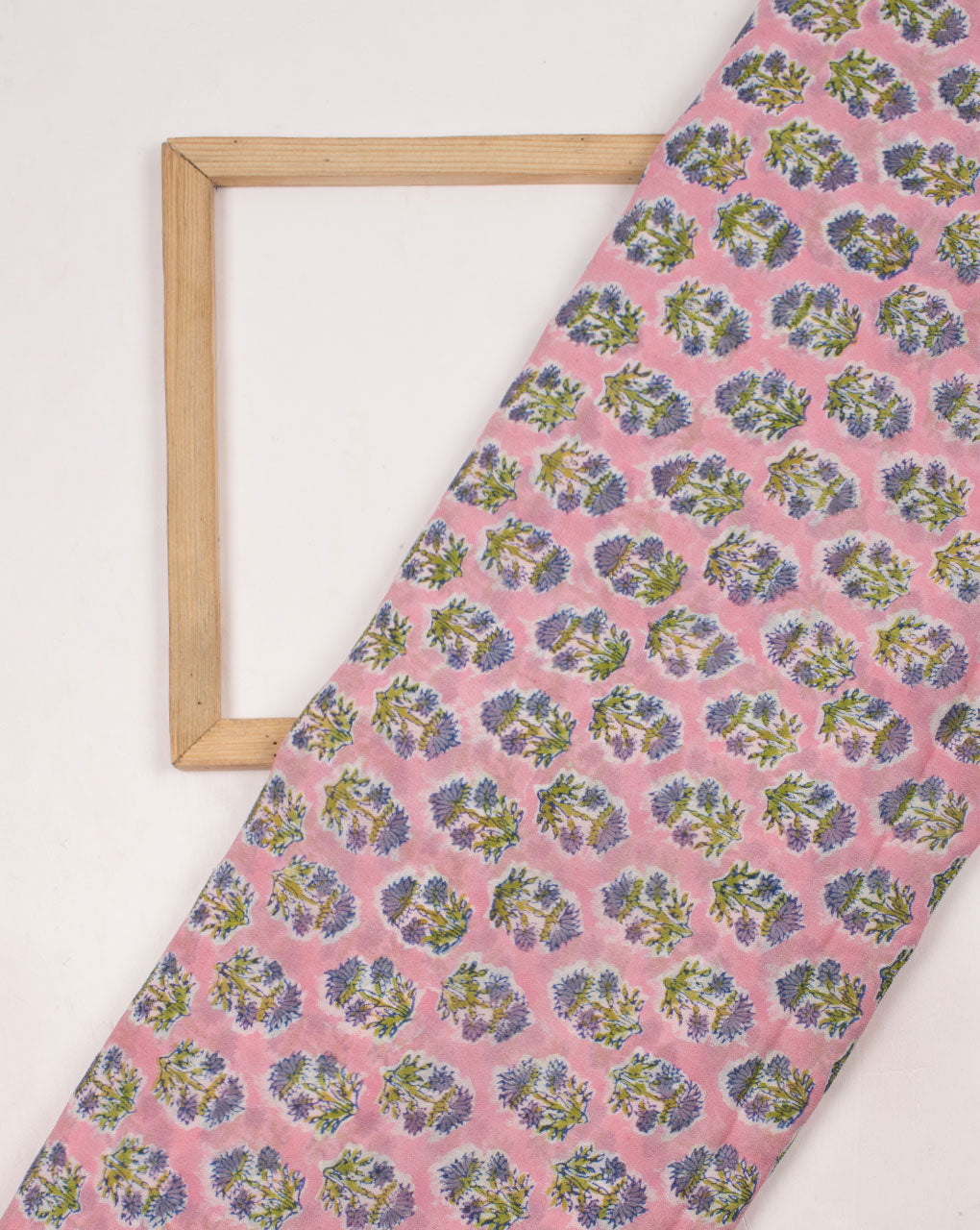 Pink Blue Floral Pattern Hand Block Rapid Print Viscose Georgette Fabric ( Width 40 Inch ) - Fabriclore.com