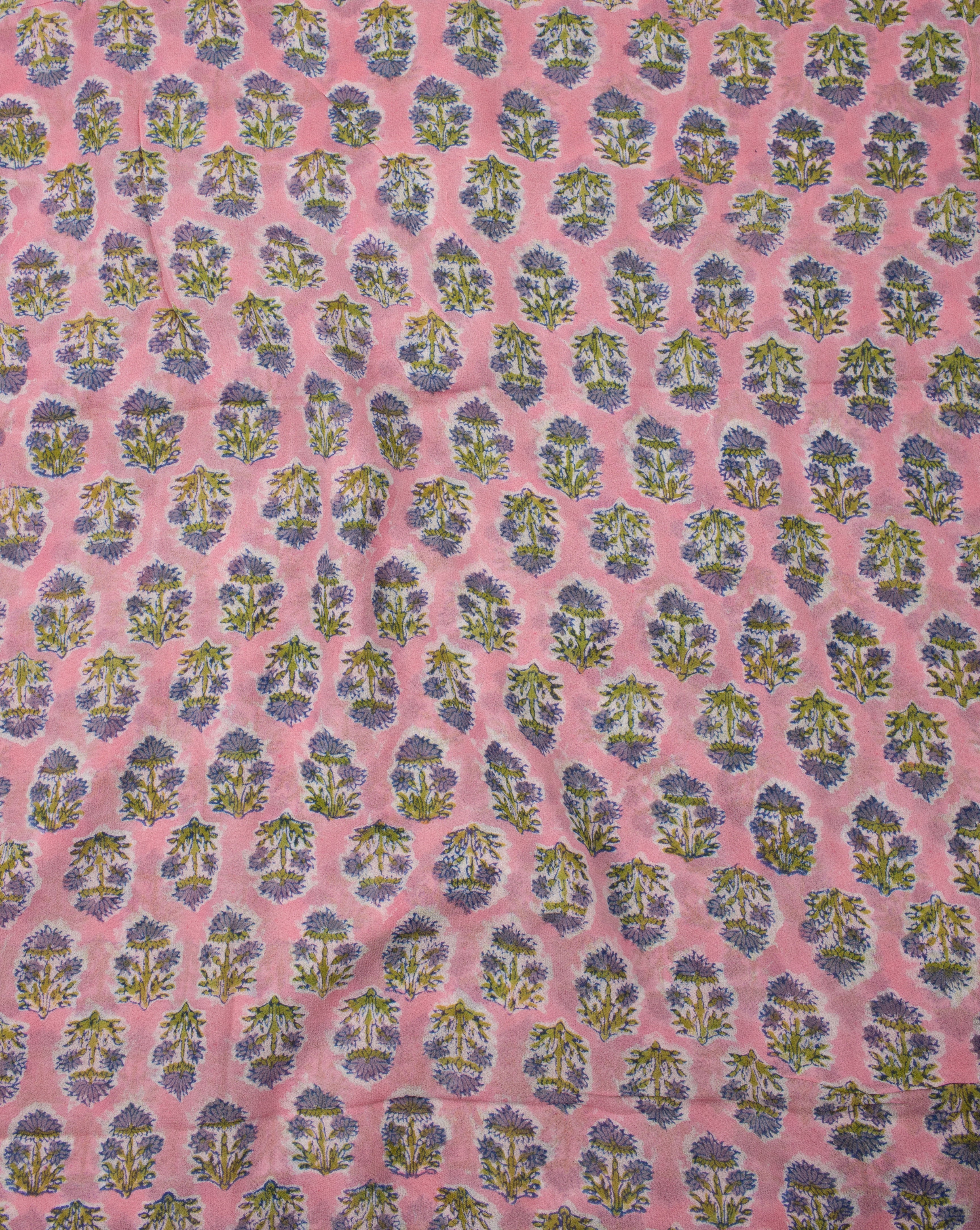 Pink Blue Floral Pattern Hand Block Rapid Print Viscose Georgette Fabric ( Width 40 Inch ) - Fabriclore.com