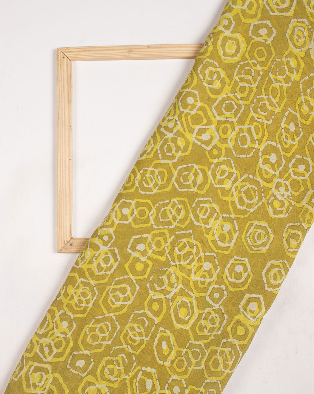 Yellow Geometric Pattern Dabu Hand Block Viscose Georgette Fabric ( Width 40 Inch ) - Fabriclore.com