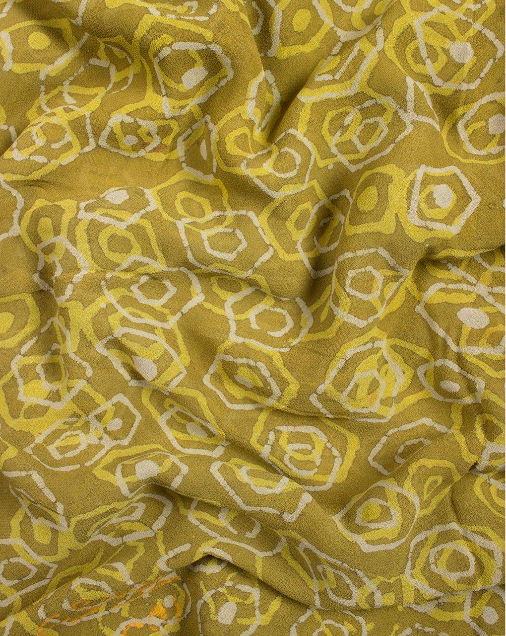 ( Pre-Cut 1.25 MTR ) Yellow Geometric Pattern Dabu Hand Block Viscose Georgette Fabric ( Width 40 Inch ) - Fabriclore.com