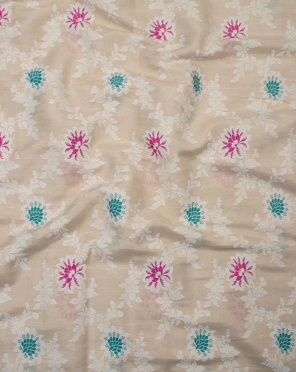 Light Beige Teal Floral Jacquard Dyeable Pure Munga Silk Fabric - Fabriclore.com