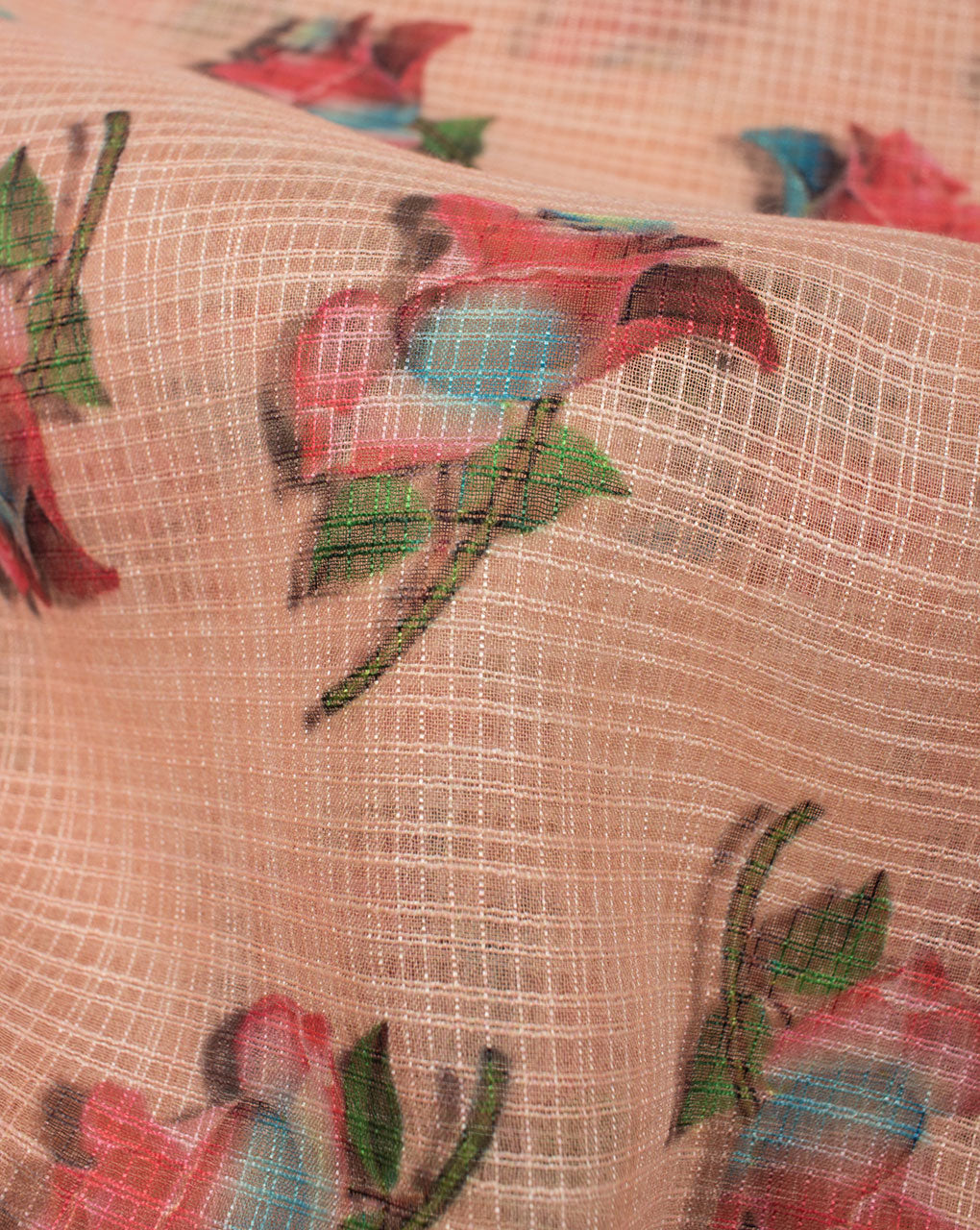 Peach Red Floral Pattern Digital Print Kota Doria Fabric - Fabriclore.com