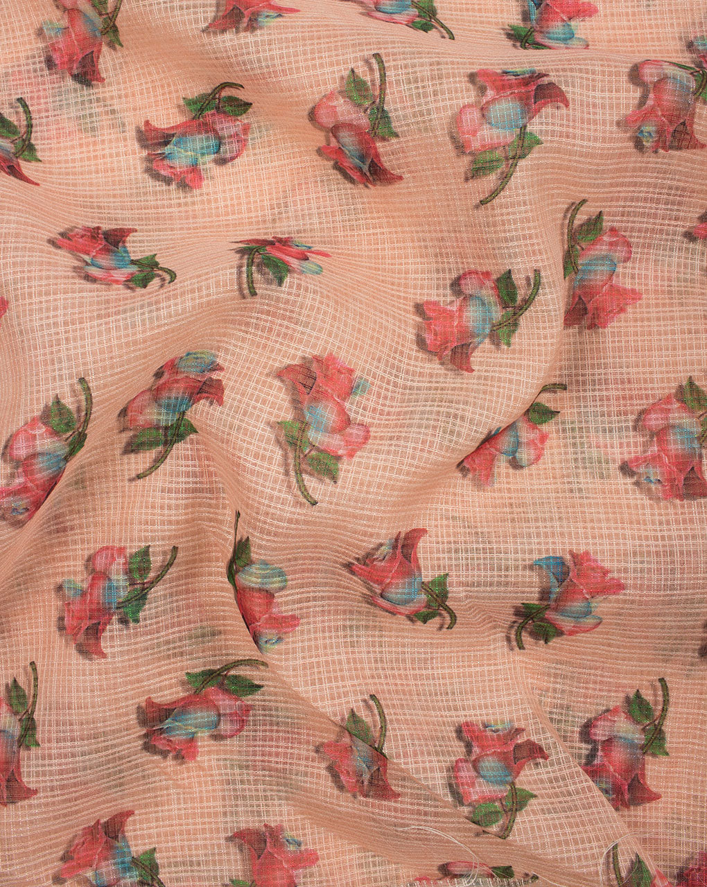 Peach Red Floral Pattern Digital Print Kota Doria Fabric - Fabriclore.com