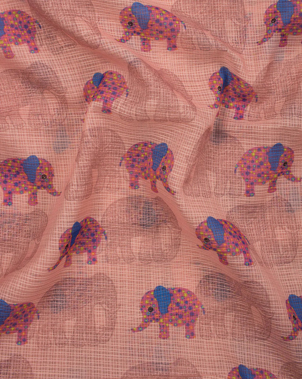 Peach Pink Creature Digital Print Kota Doria Fabric - Fabriclore.com